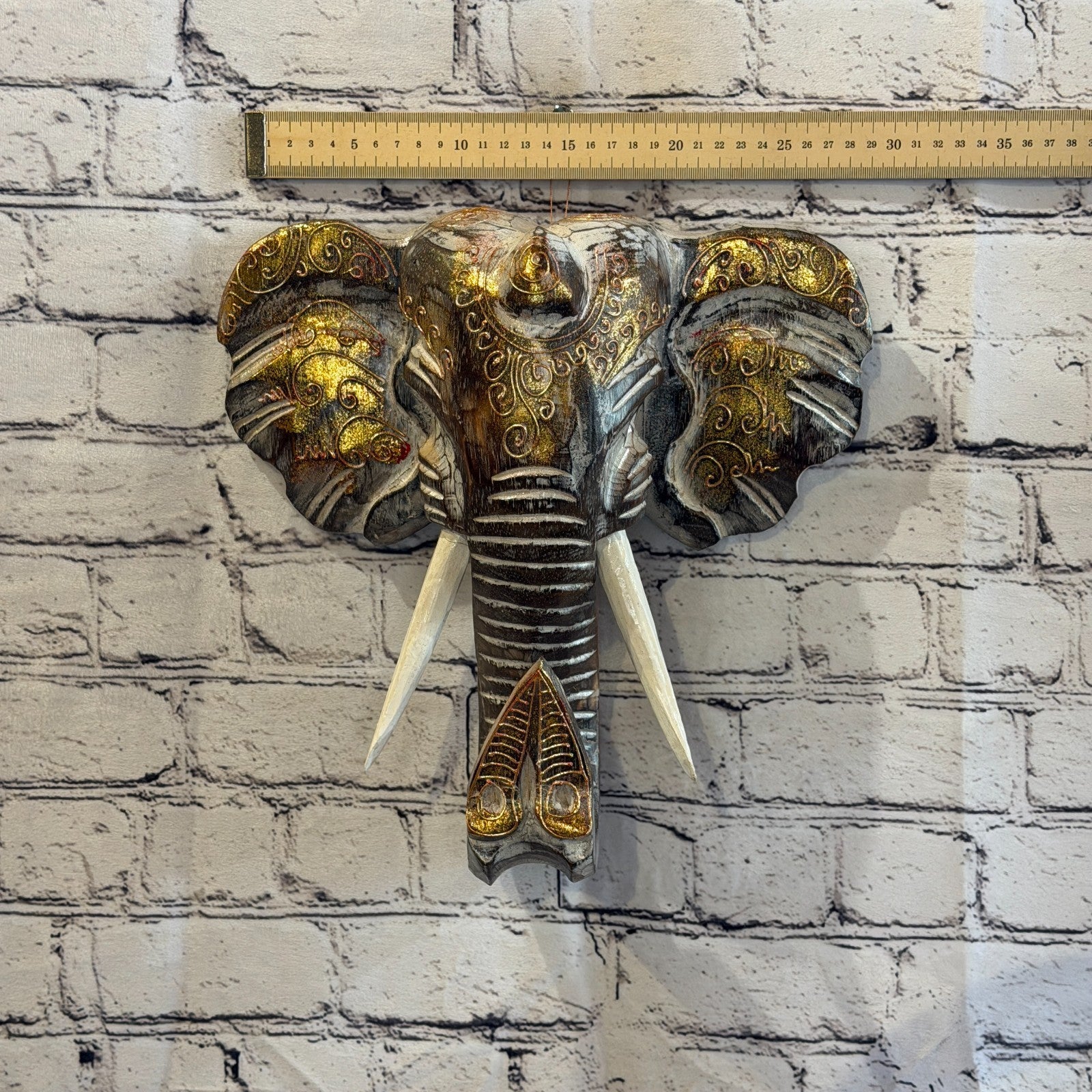 30cm x 30cm Brown Gold Painted Wood Elephant Head Wall Mounted Art Shabby3