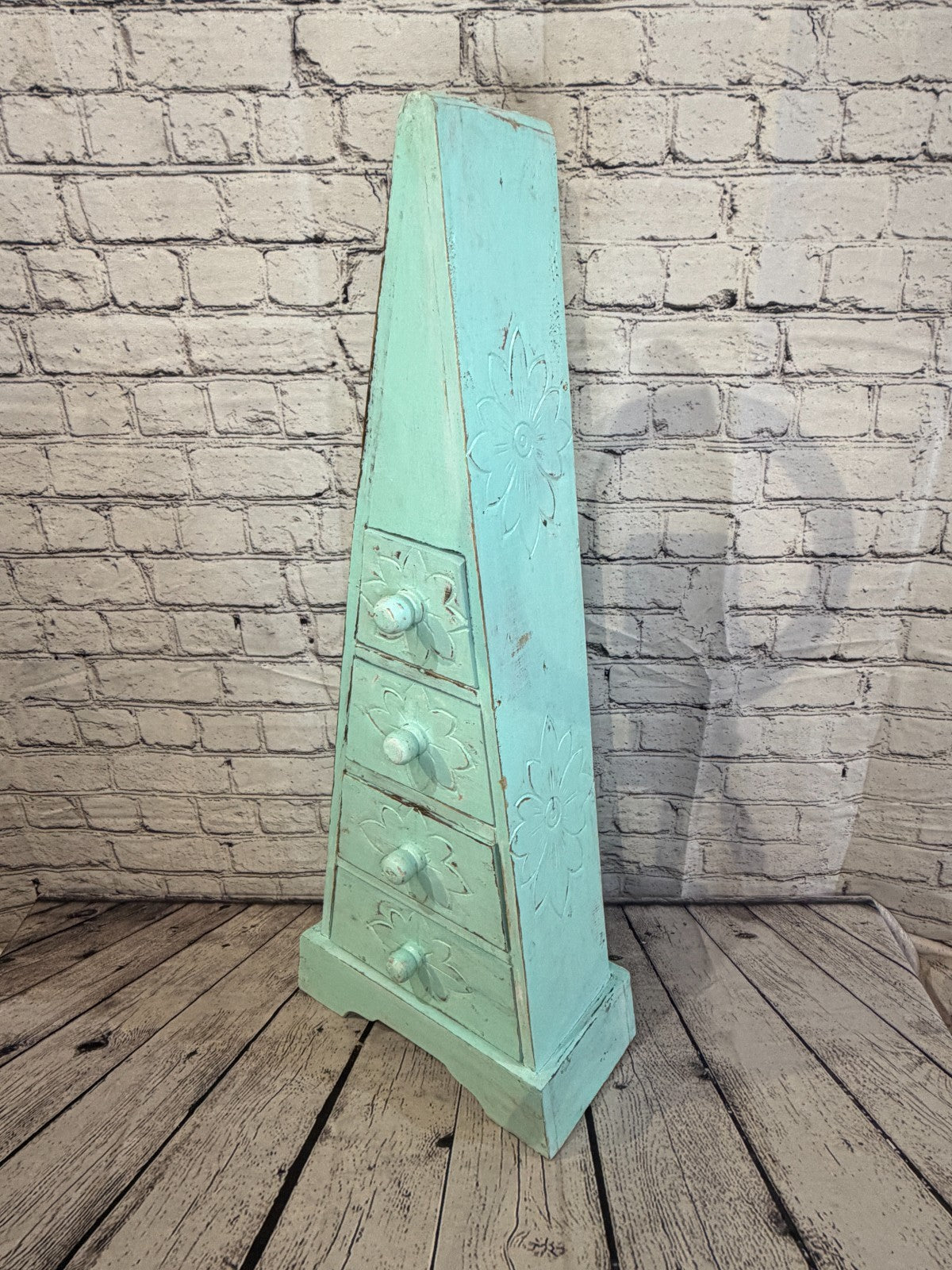 80cm x 30cm Green 3 Draw Pyramid Wooden Side Cabinet Living Storage Furniture0