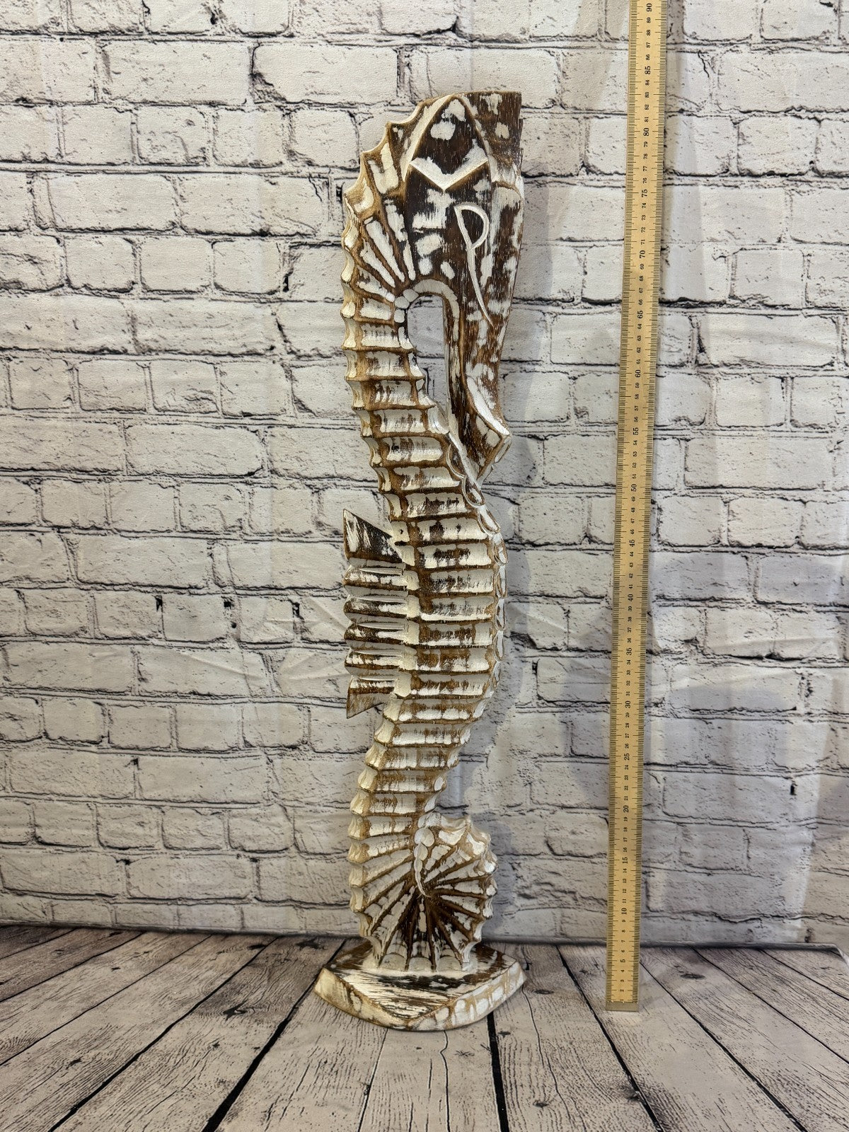 80cm Brown Wooden Shabby Seahorse Statue Ornament Fair Trade Handcarved5