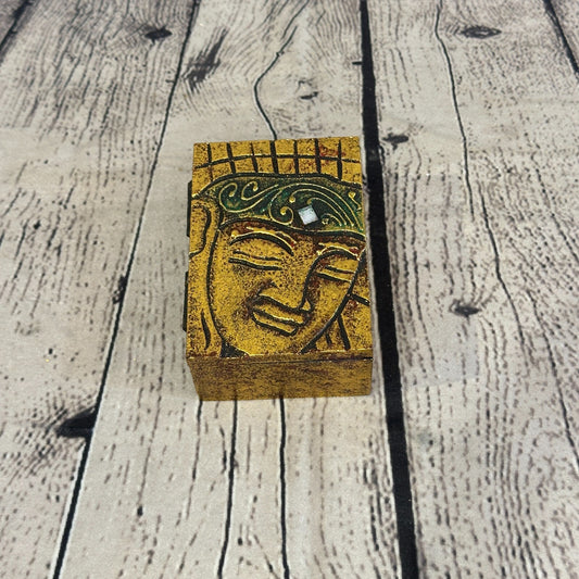 Bright Gold Thai Buddha Head Left 10cm x 7cm x 4cm Wooden Box Trinket Handmade0