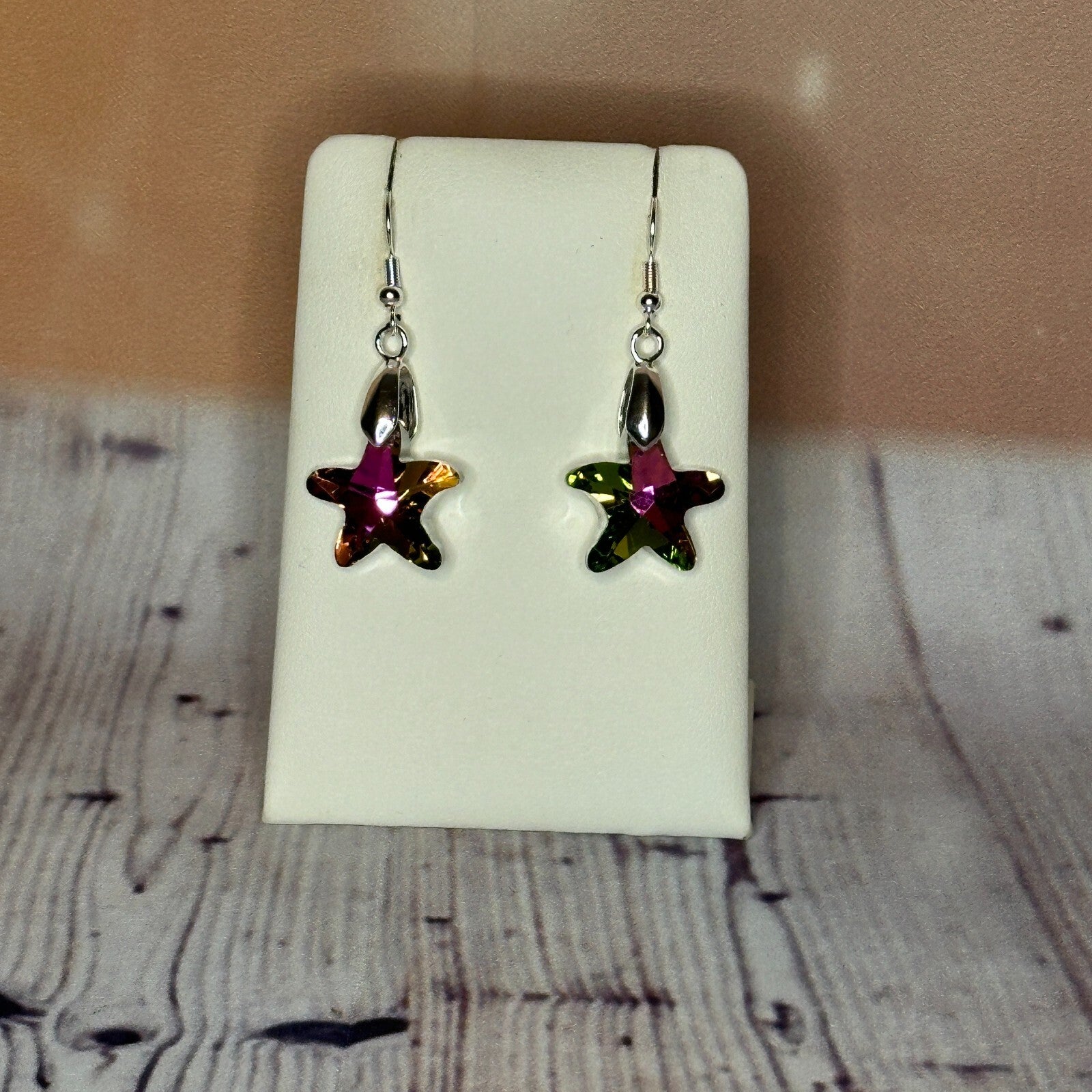 Pink Brown Crystal Star Shaped Dangle Drop Earrings Handmade UK Jewellery0