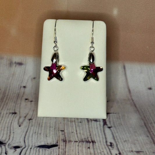 Pink Brown Crystal Star Shaped Dangle Drop Earrings Handmade UK Jewellery0