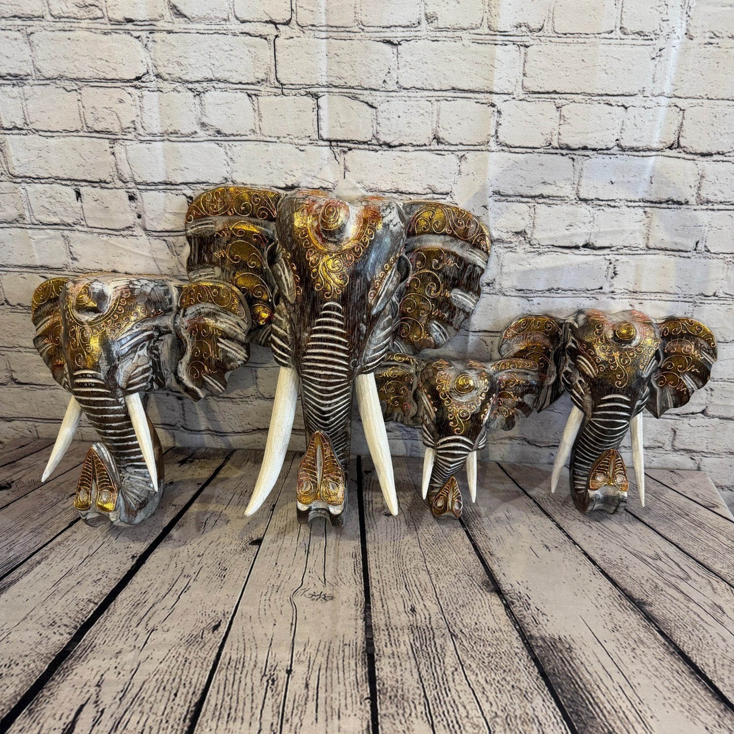 20cm x 20cm Brown Gold Painted Wood Elephant Head Wall Mounted Art Shabby6