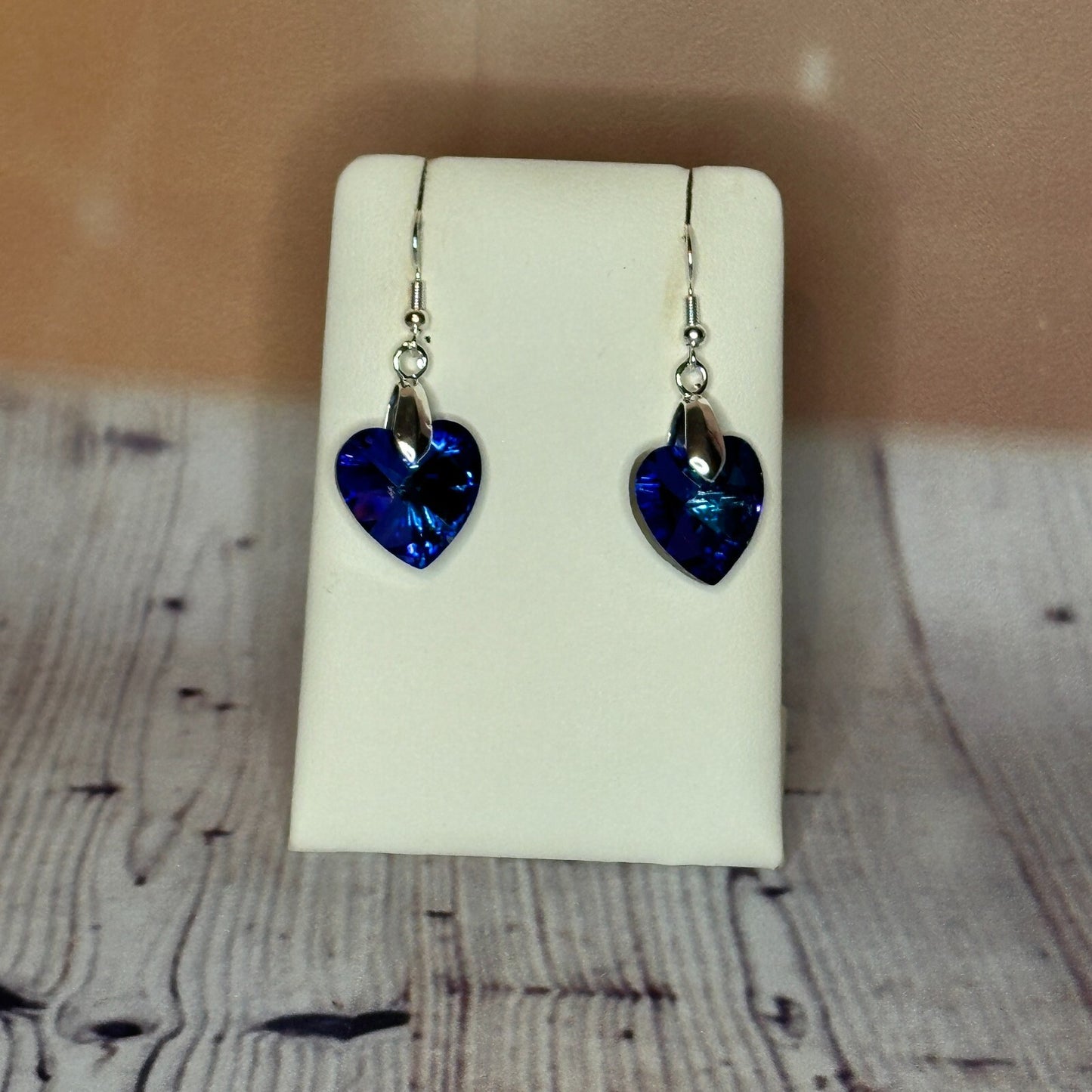 Dark Blue Crystal Heart Shaped Dangle Drop Earrings Handmade UK Jewellery0