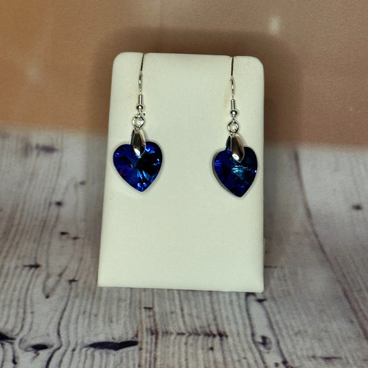 Dark Blue Crystal Heart Shaped Dangle Drop Earrings Handmade UK Jewellery0