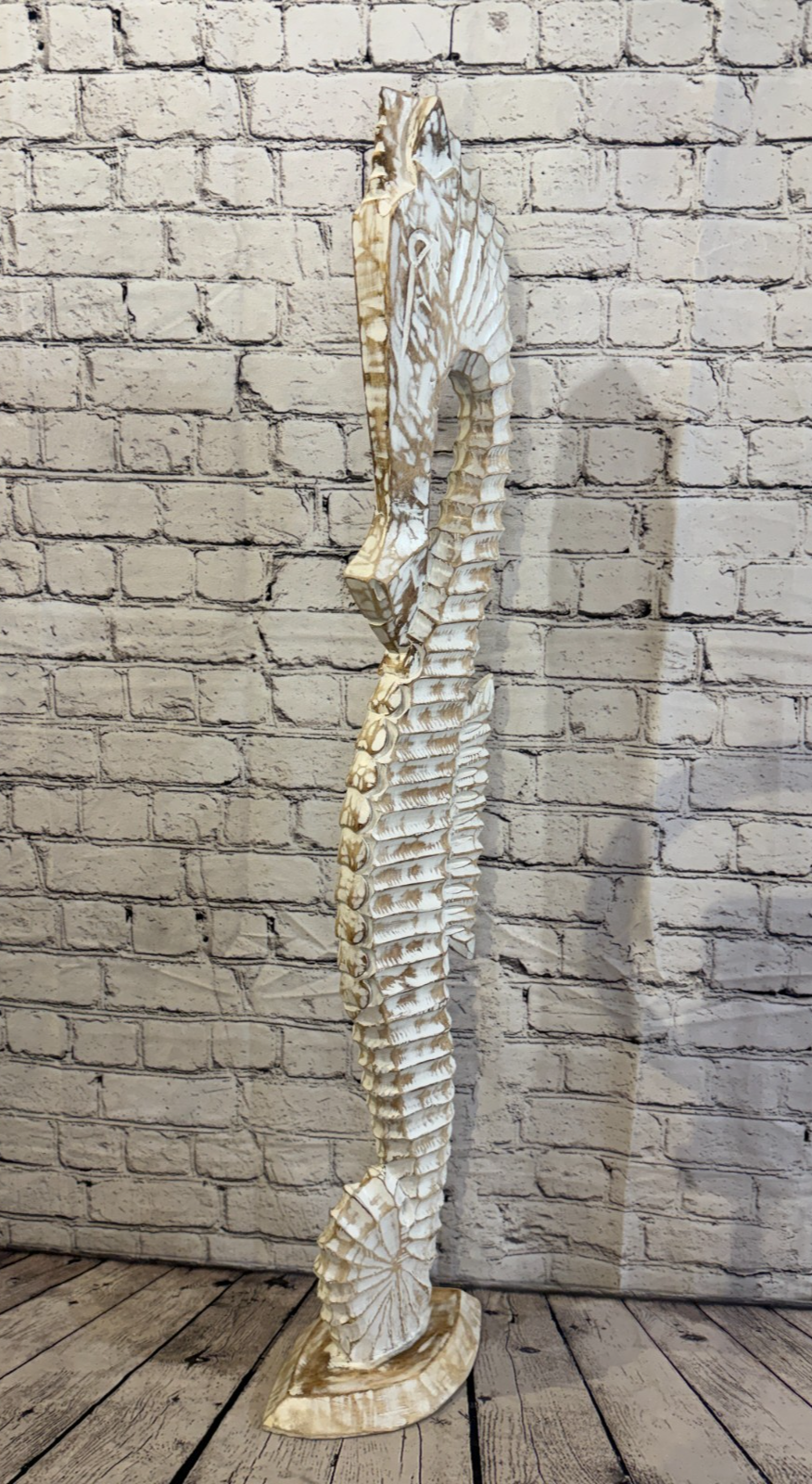 100cm White Wooden Shabby Seahorse Statue Ornament Fair Trade Handcarved0