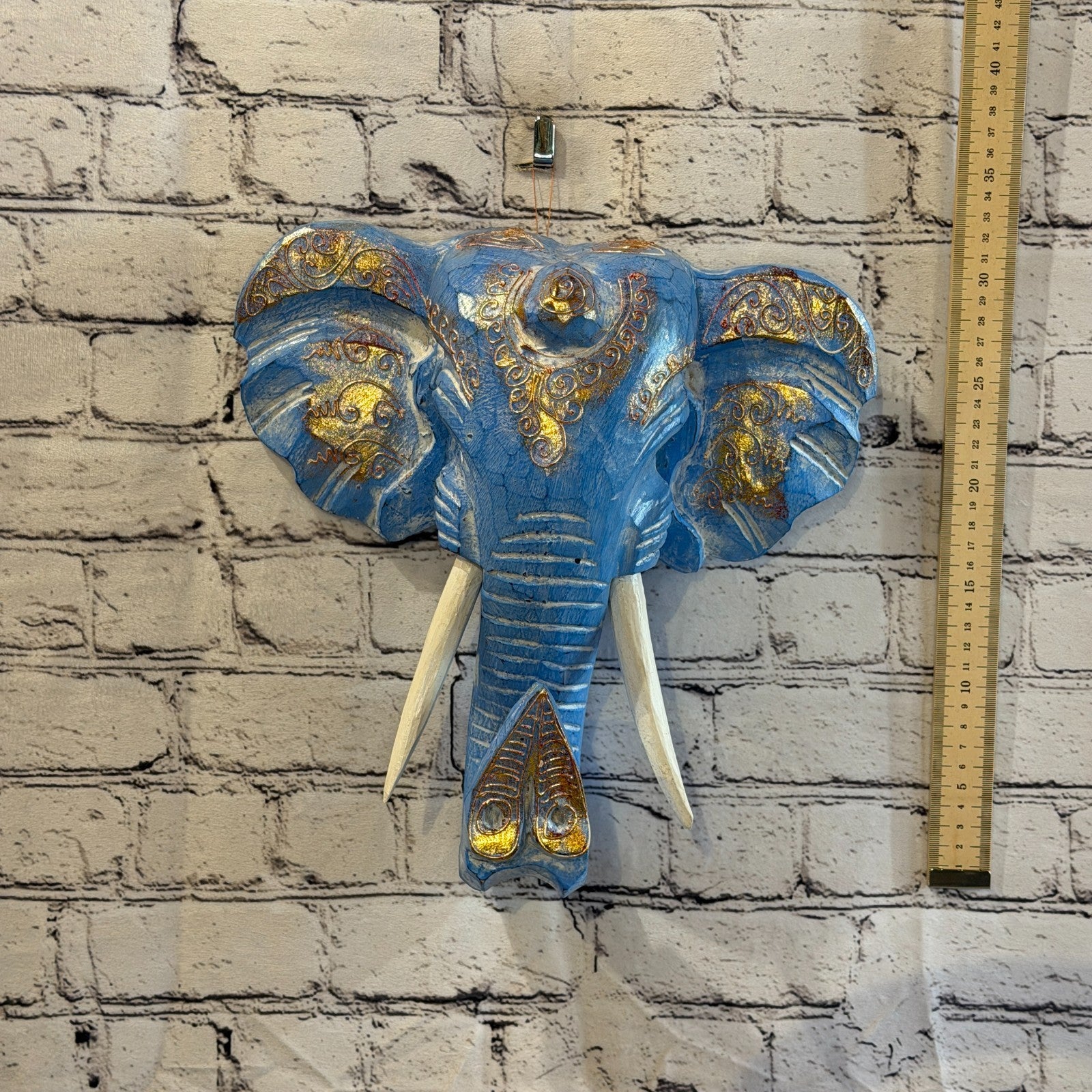 30cm x 30cm Blue Gold Painted Wood Elephant Head Wall Mounted Art Shabby4
