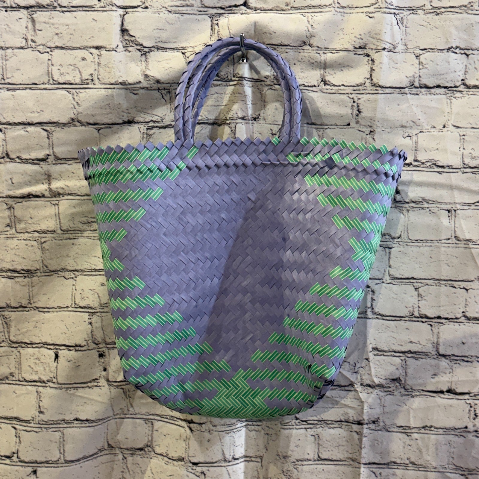 Green Purple 40cm Handwoven Tote Bag Recycled Plastic Eco-Friendly Market Beach2