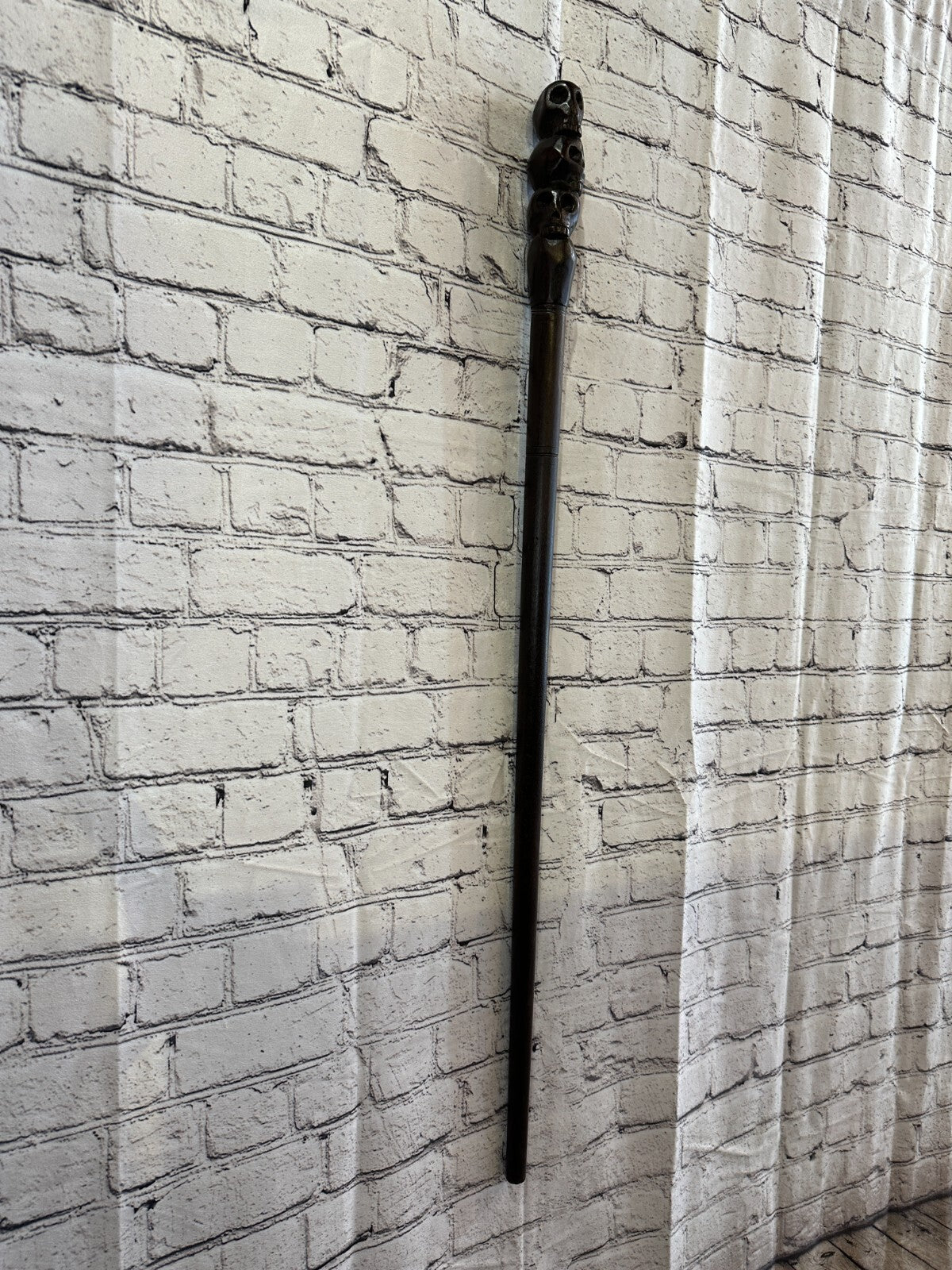 Pillar Three Skulls 90cm Tribal African Walking Stick Cane Hand Carved Dark Wood1