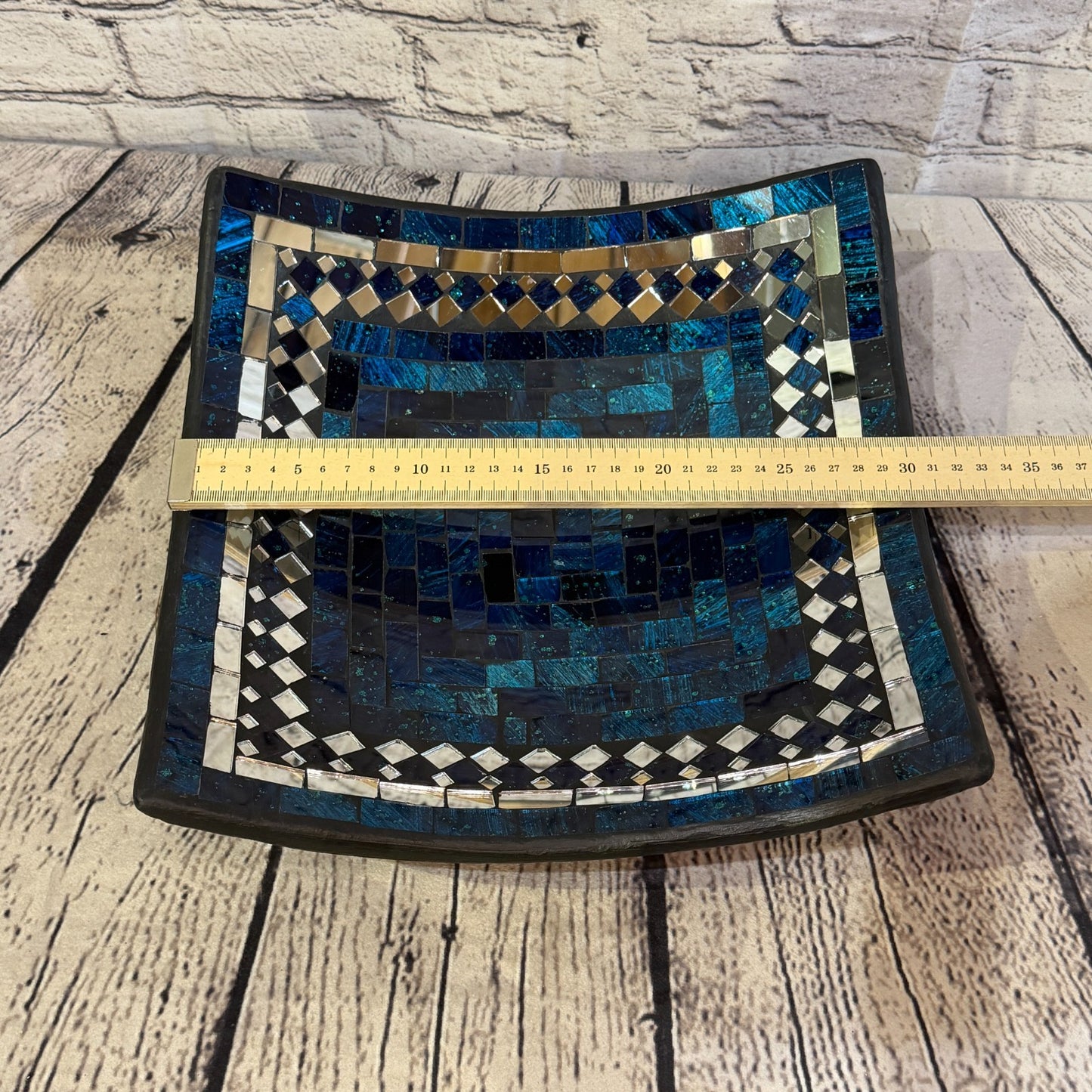 30cm Indigo Blue Square Mirror Mosaic Handmade Ceramic Glass Tile Bowl Fruit1