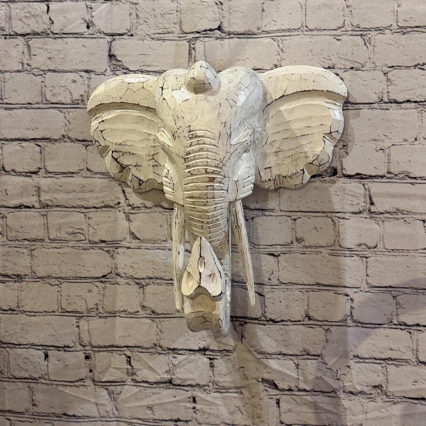 35cm x 35cm Plain White Painted Wood Elephant Head Wall Mounted Art Shabby2