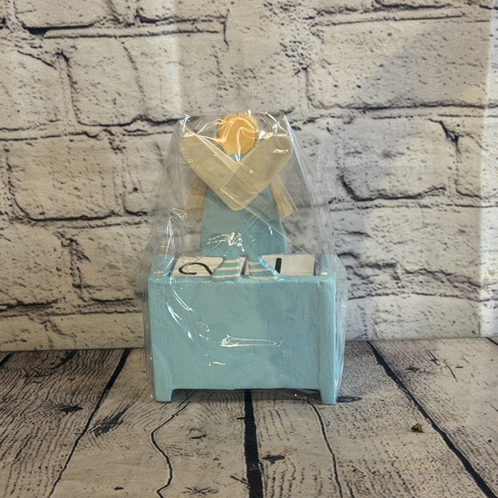 15cm Blue Hand Carved Painted Wooden Angel Block Calendar for Desk Display4