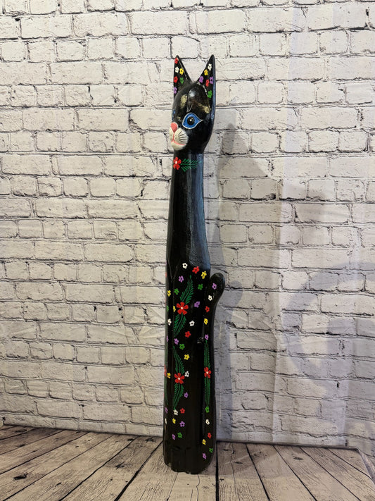 100cm Black Mix Flower Wooden Shabby Cat Statue Ornament Fair Trade Handcarved1