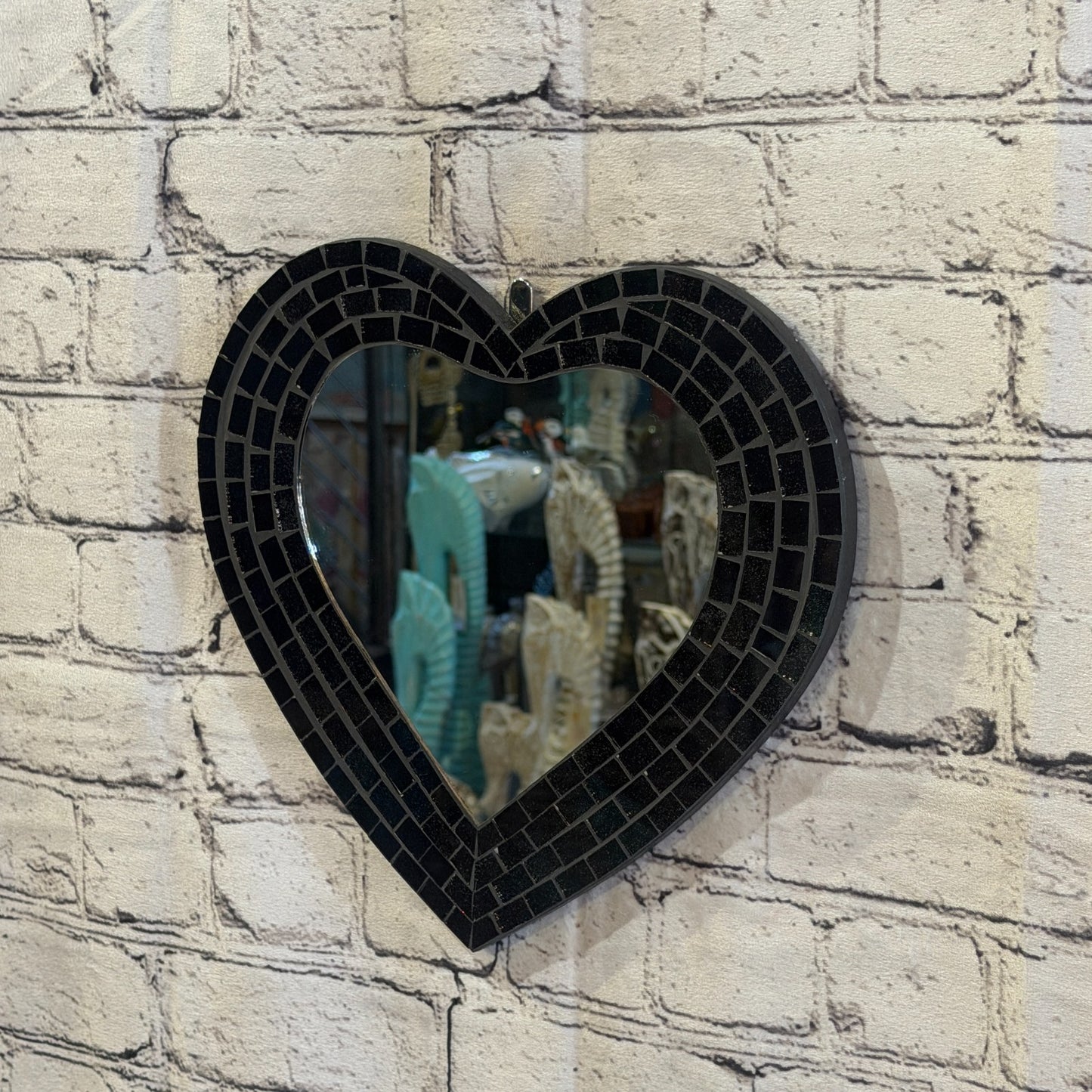 Black Heart Shape Mosaic Tile Wall Mirror 28cm x 25cm 10 Inches Handmade New1