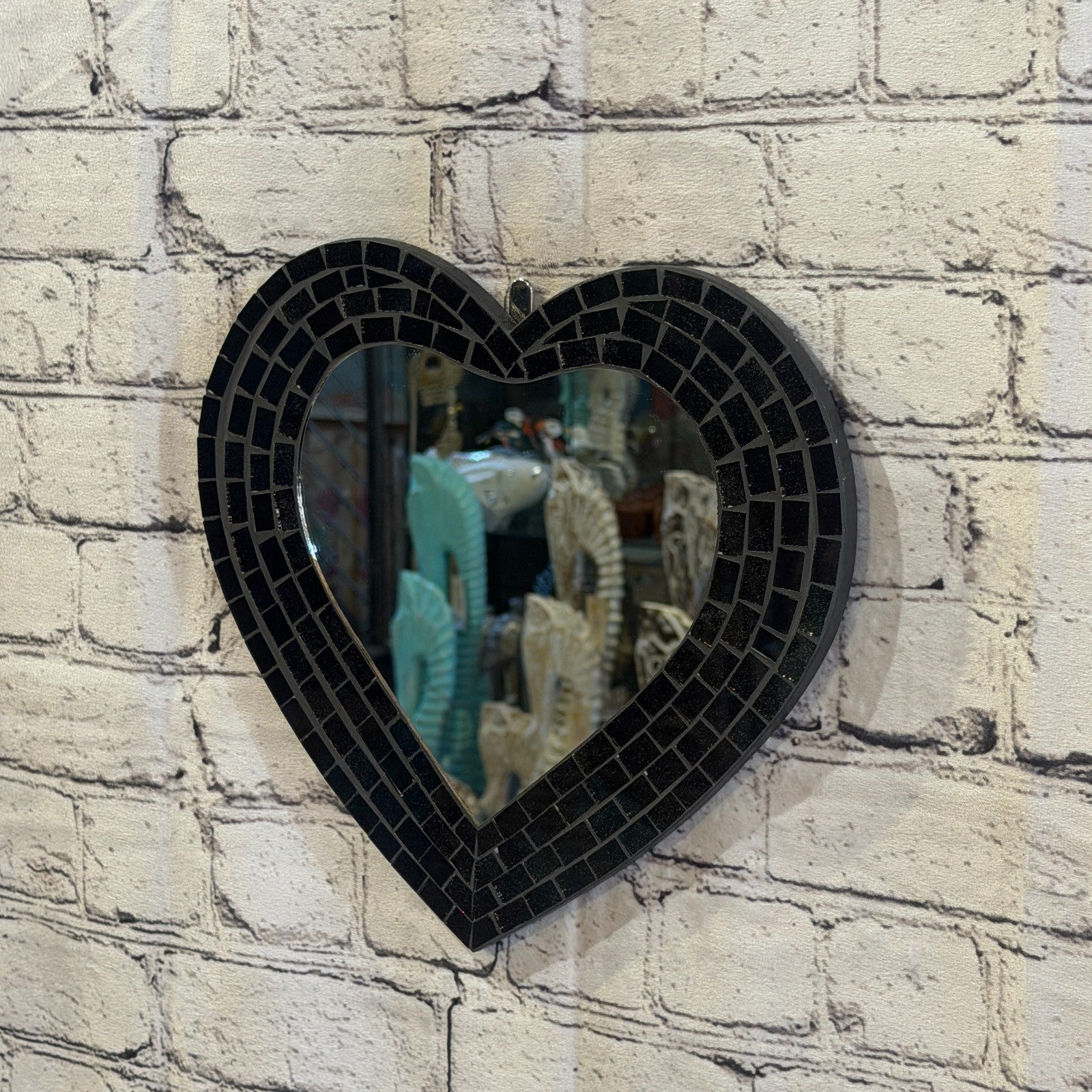 Black Heart Shape Mosaic Tile Wall Mirror 28cm x 25cm 10 Inches Handmade New1