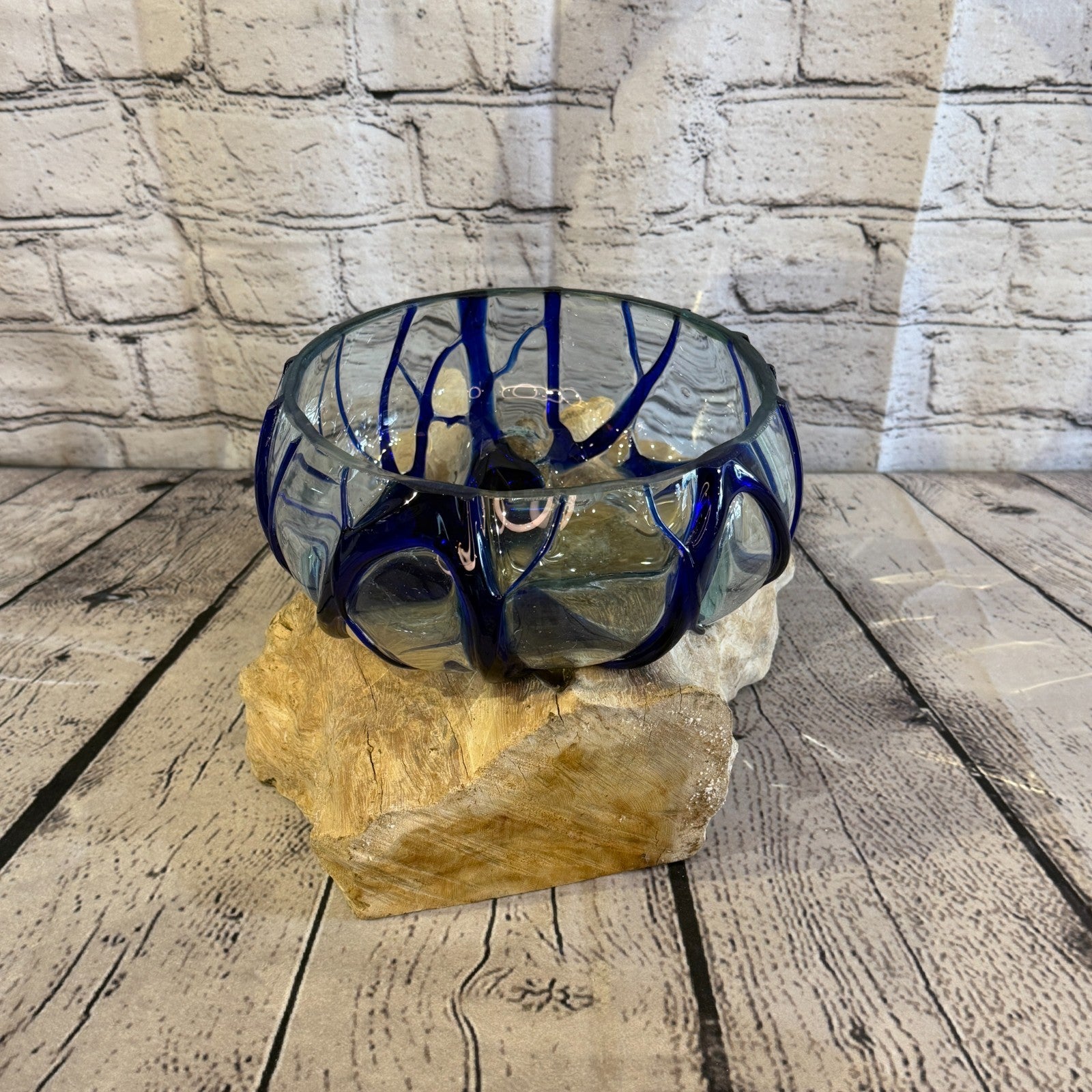 30cm Long Blue Streak Melted Glass Wood Decorative Bowl Glass Sculpture Crafted3