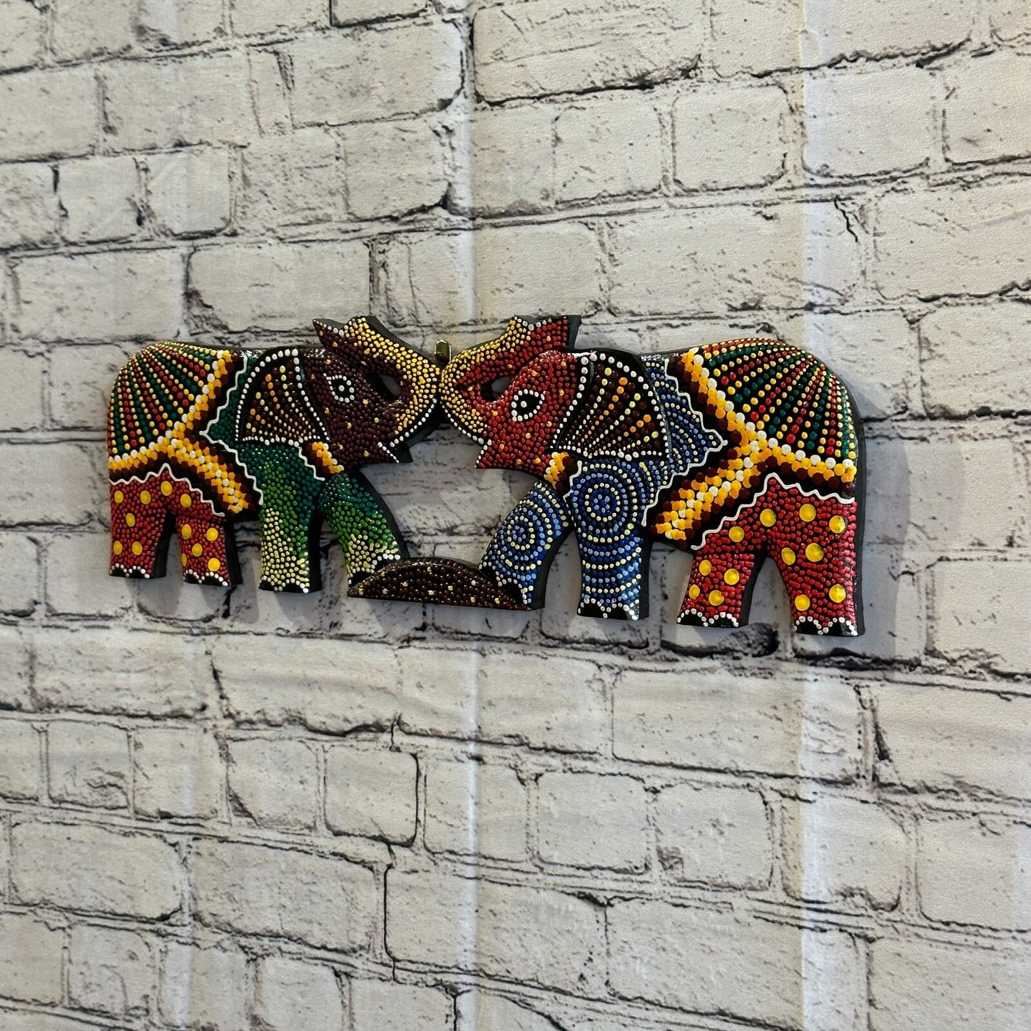 45cm 2 Elephants Carved Wooden Dot Painted Ethnic Tribal Tiki Wall Handmade No 12