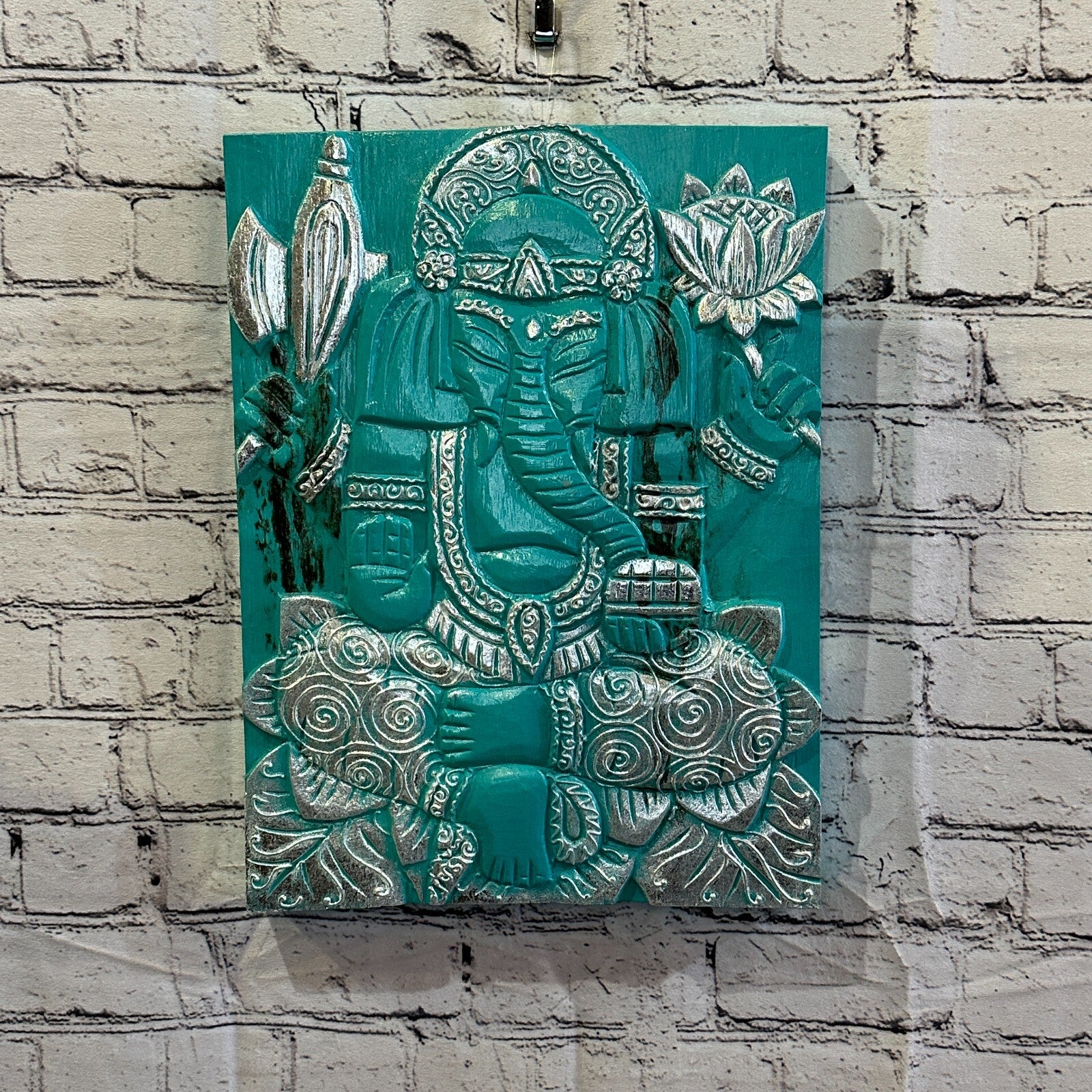 Wooden Wood Panel 40cm Brown Teal Ganesh Lotus Wall Art Plaque Handcarved2