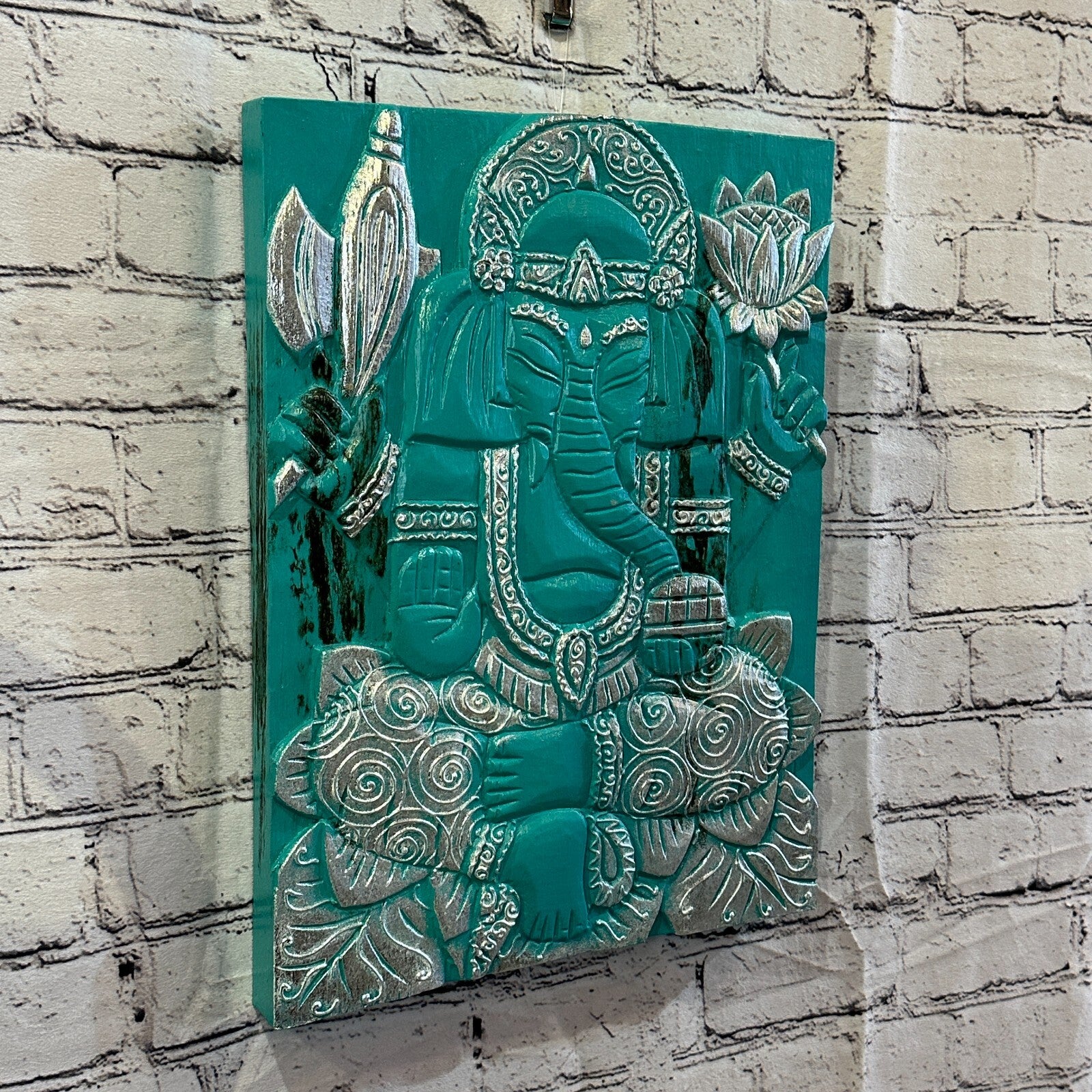 Wooden Wood Panel 40cm Brown Teal Ganesh Lotus Wall Art Plaque Handcarved0