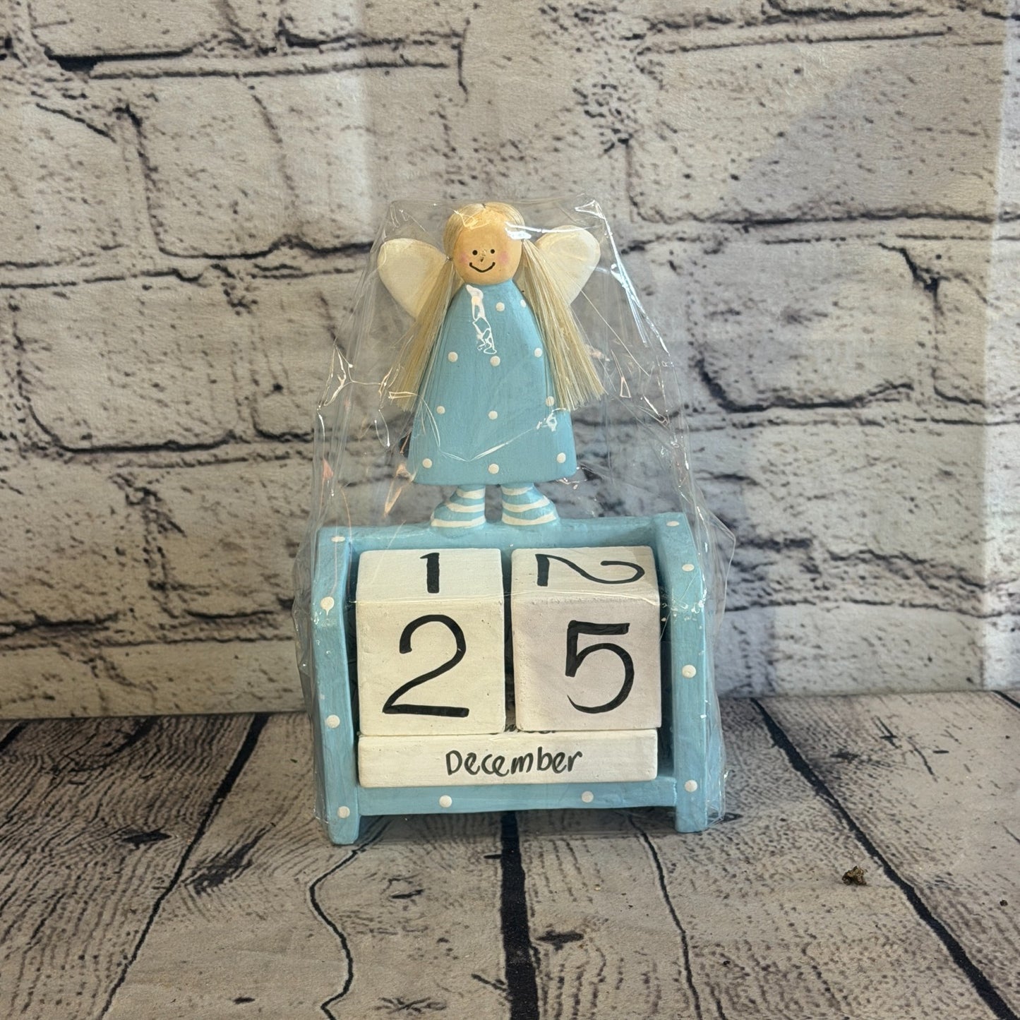 15cm Blue Hand Carved Painted Wooden Angel Block Calendar for Desk Display1