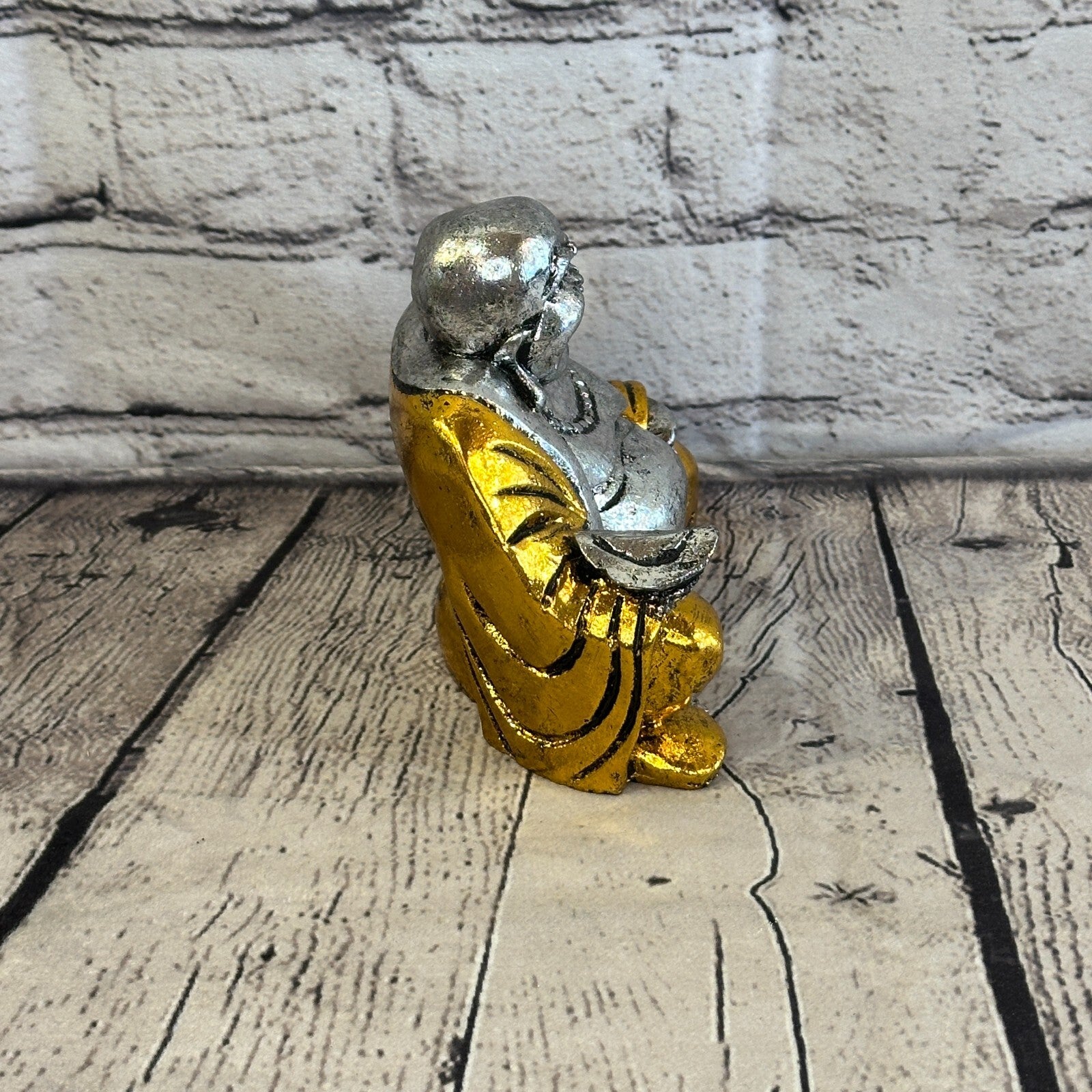 Silver And Gold 12cm x 12cm Large Chinese Buddha Sitting On Lotus Statue Resin3