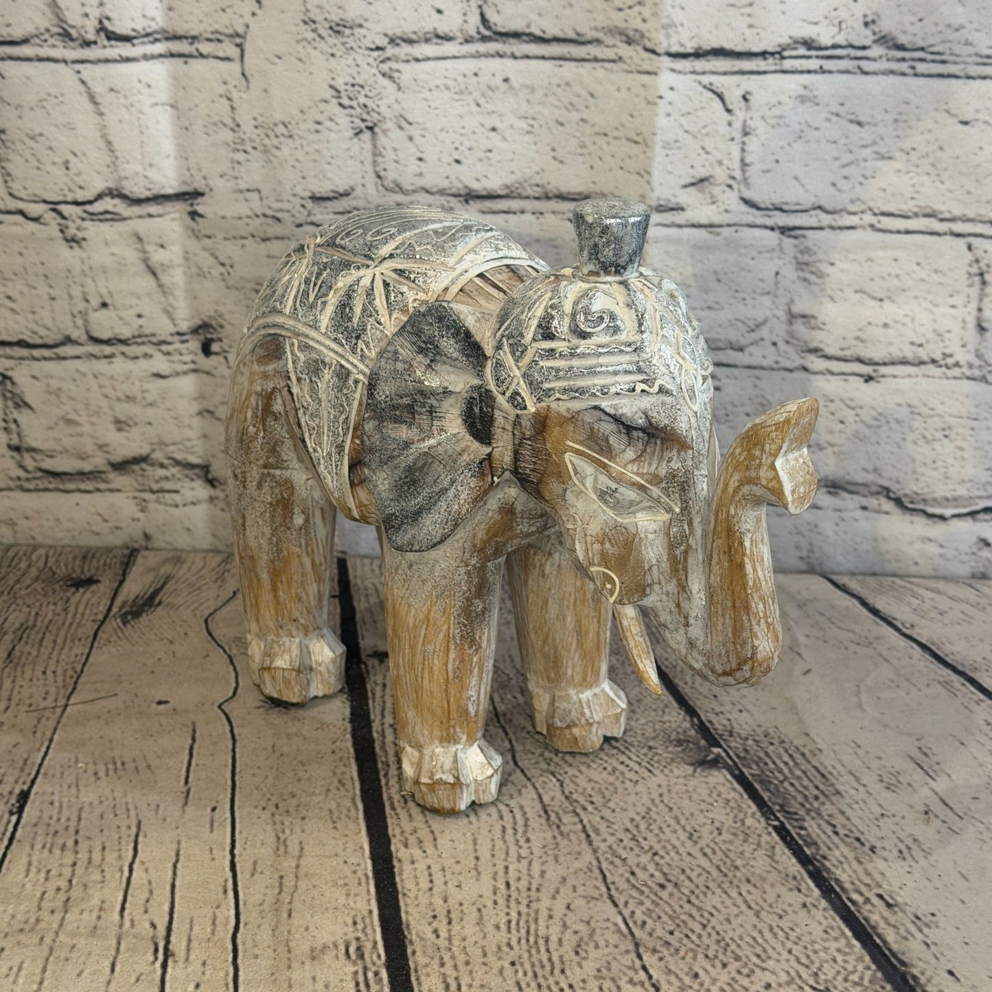 20cm x 20cm Brown Silver Wooden Standing Elephant Hand Carved & Painted2