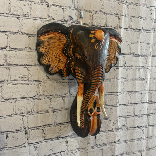 40cm x 35cm Brown Light Painted Wood Elephant Head Wall Mounted Art Shabby0