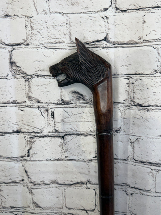 Wolf Head 90cm Tribal African Walking Stick Cane Hand Carved Dark Wood0
