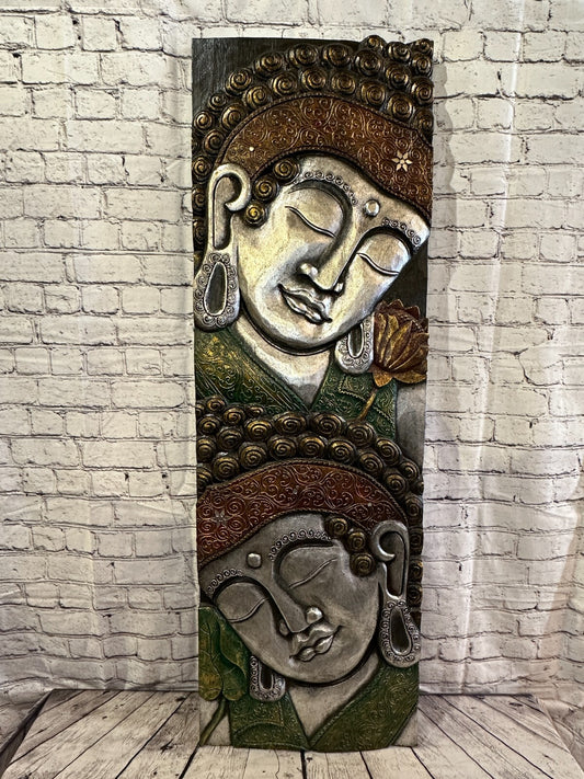 120cm x 40cm Tall Buddha 2 Faces Multi Colour Wooden Wood Panel Wall Art Plaque0