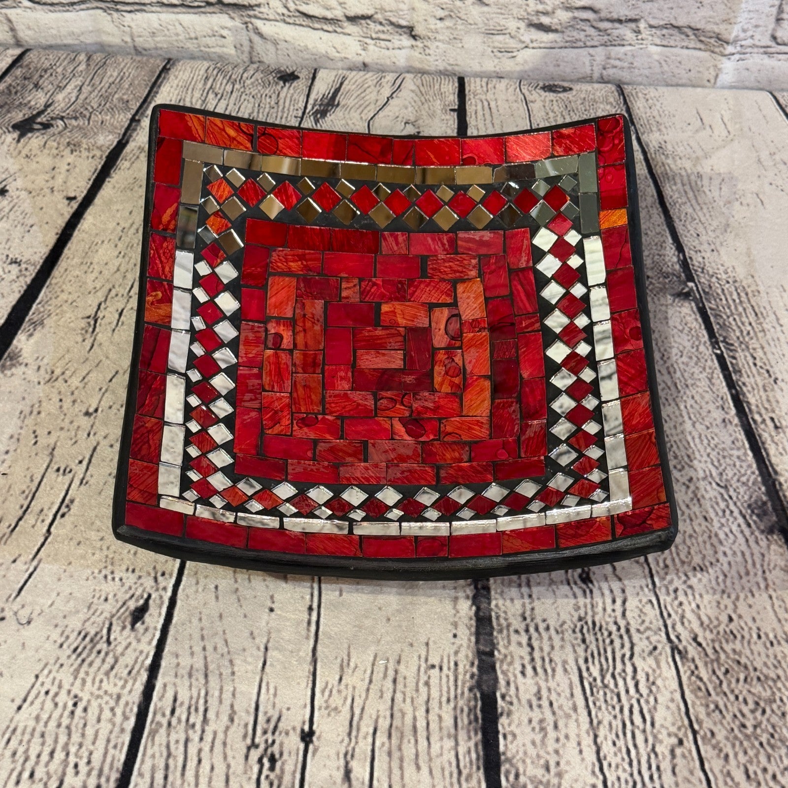 25cm Red Square Mirror Mosaic Handmade Ceramic Glass Tile Bowl Fruit0
