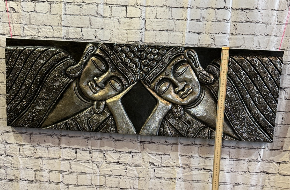 120cm x 40cm Buddha 2 Faces Silver Wooden Wood Panel Wall Art Plaque Handcarved3