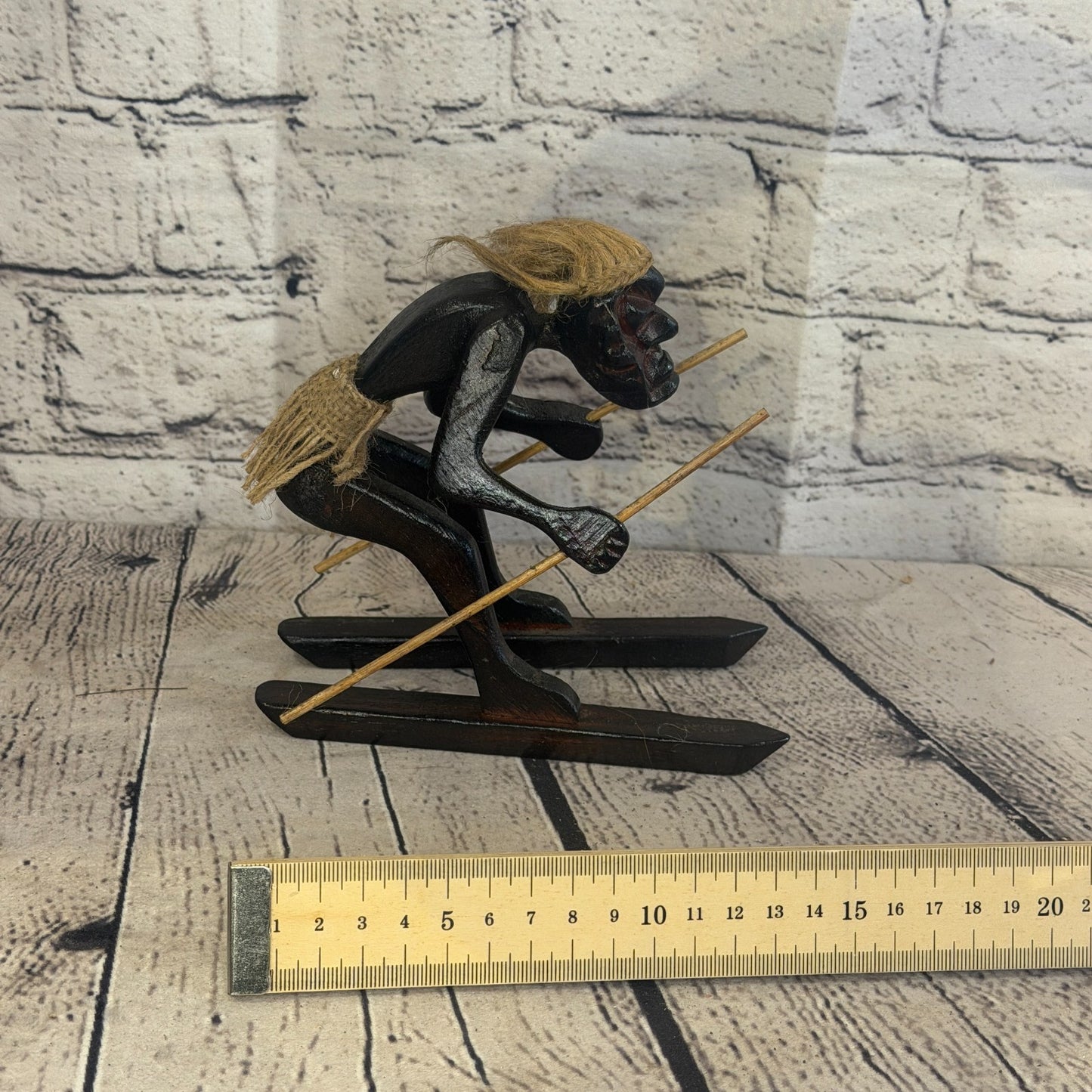 15cm Skiing Winter African Tribal Warrior Man Figure Statue Wood Hand Carved7