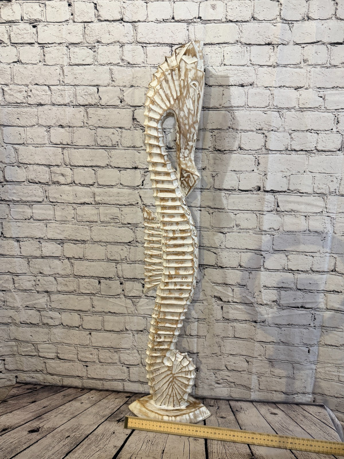 100cm White Wooden Shabby Seahorse Statue Ornament Fair Trade Handcarved6