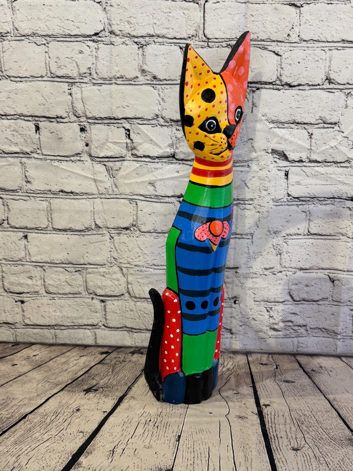 50cm Bright Mix Flower Wooden Shabby Cat Statue Ornament Fair Trade Handcarved2