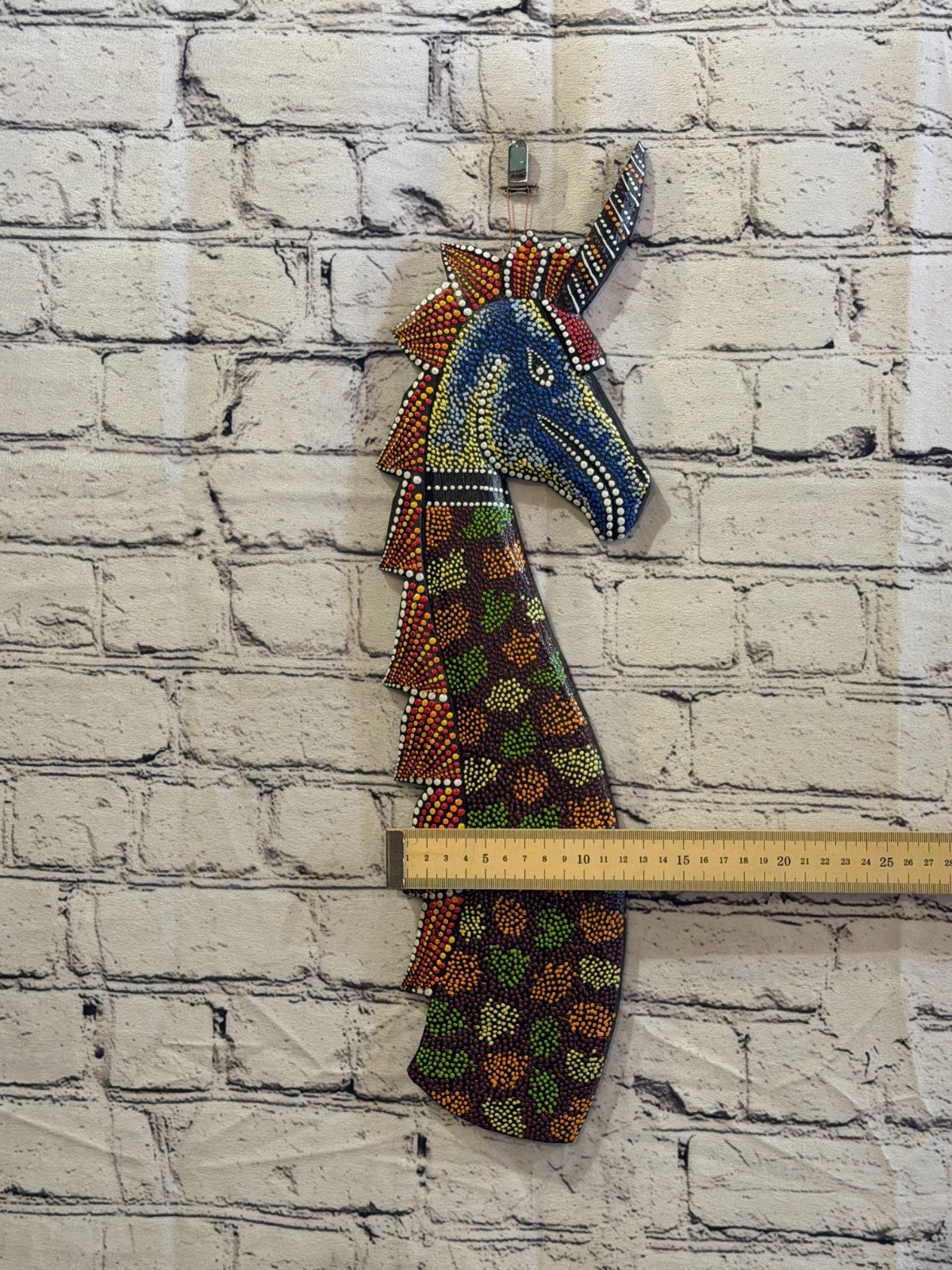 45cm Unicorn Carved Wooden Dot Painted Ethnic Tribal Tiki Wall Art No 43