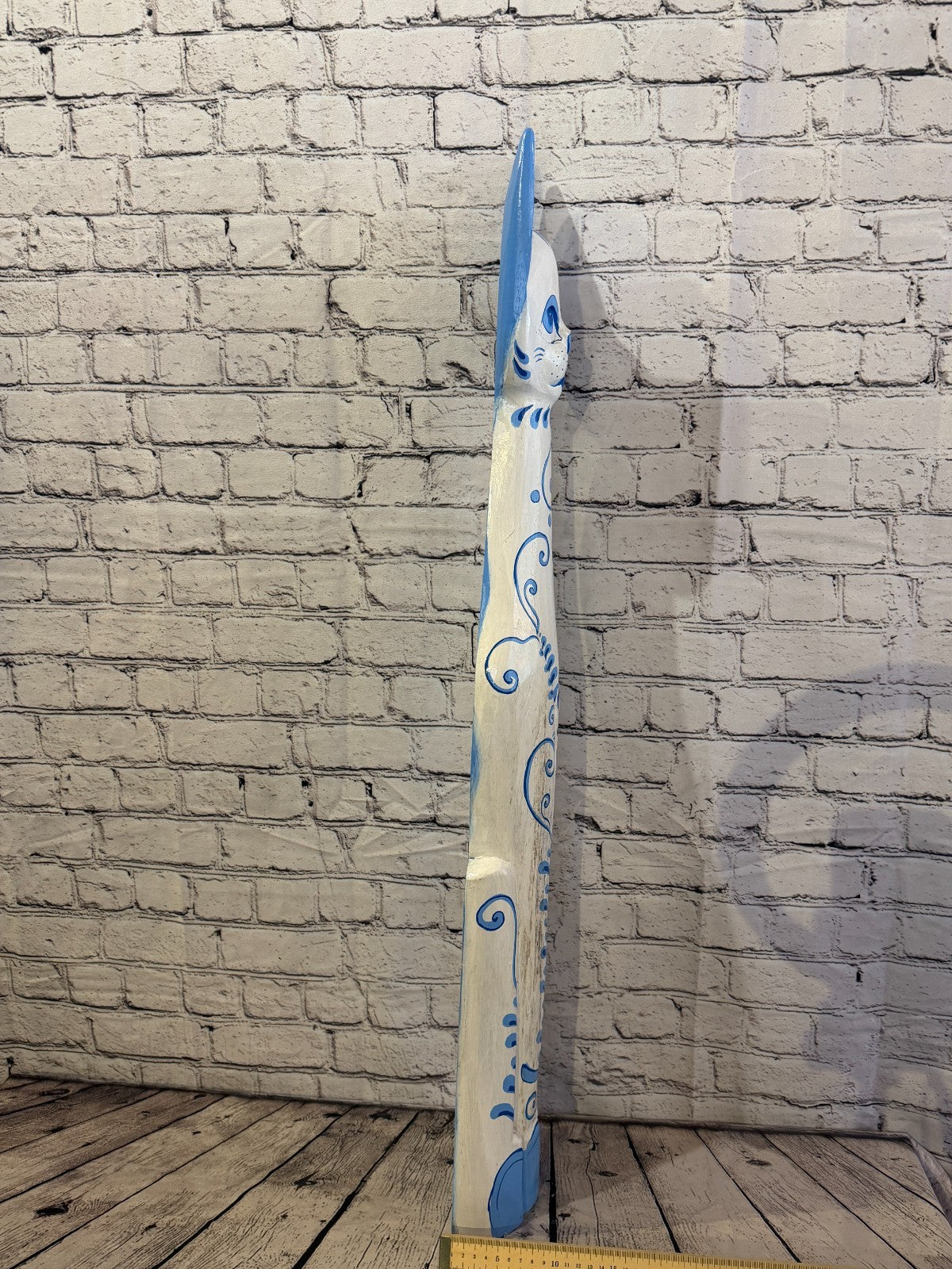 100cm Blue White Flower Wooden Shabby Cat Statue Ornament Fair Trade Handcarved7