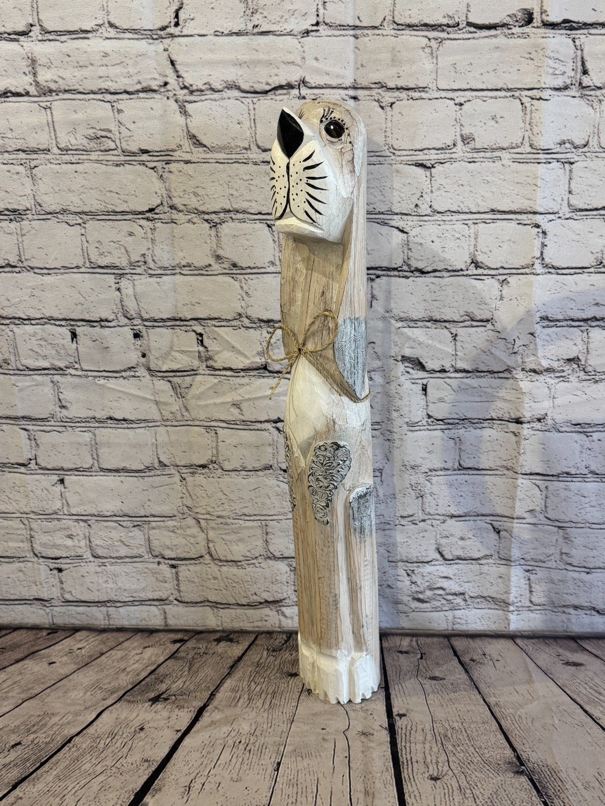 60cm White Wooden Shabby Dog Statue Ornament Fair Trade Handcarved0