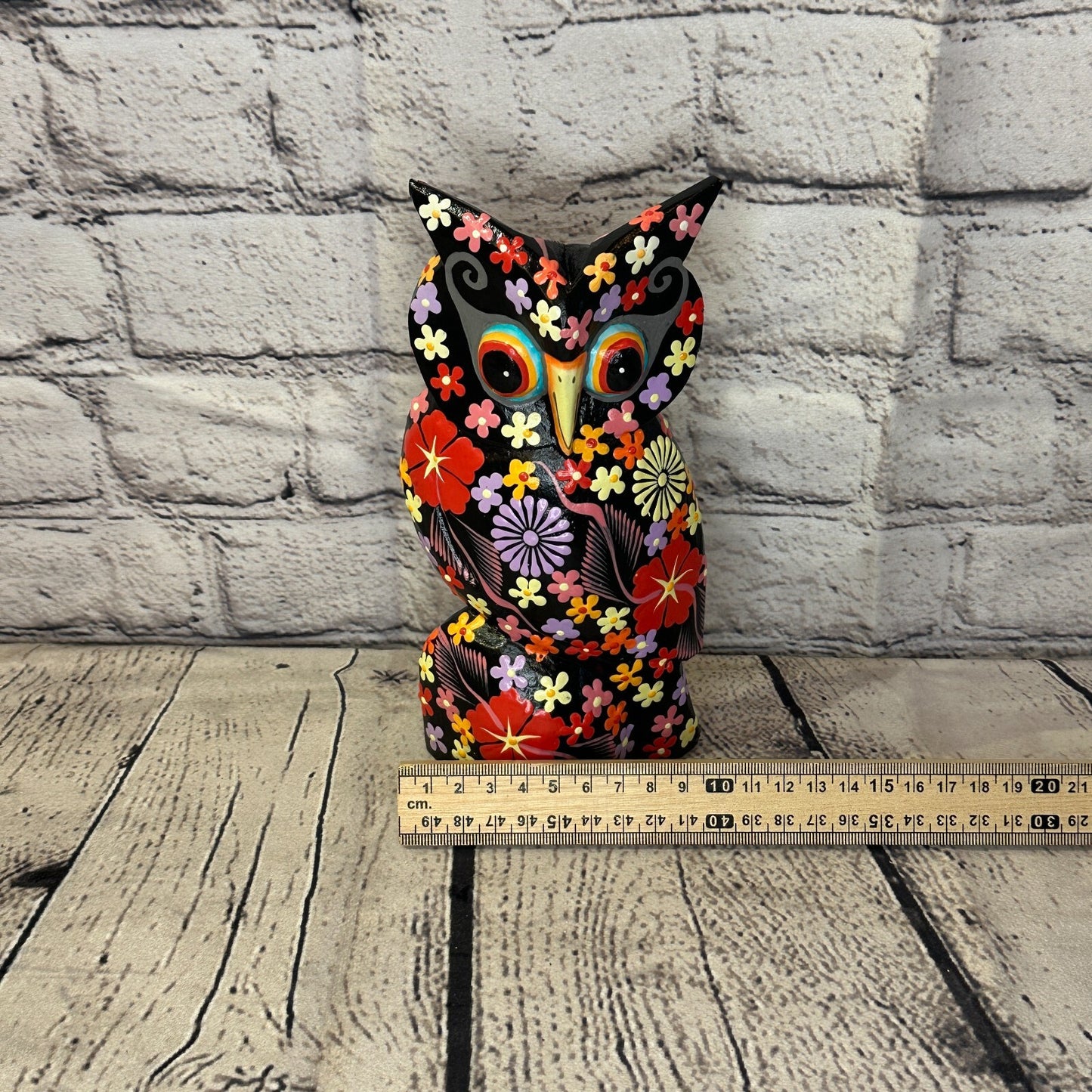 Black Large Wooden Owl With Flower Pattern 20cm x 8cm Handmade and Fairtrade6