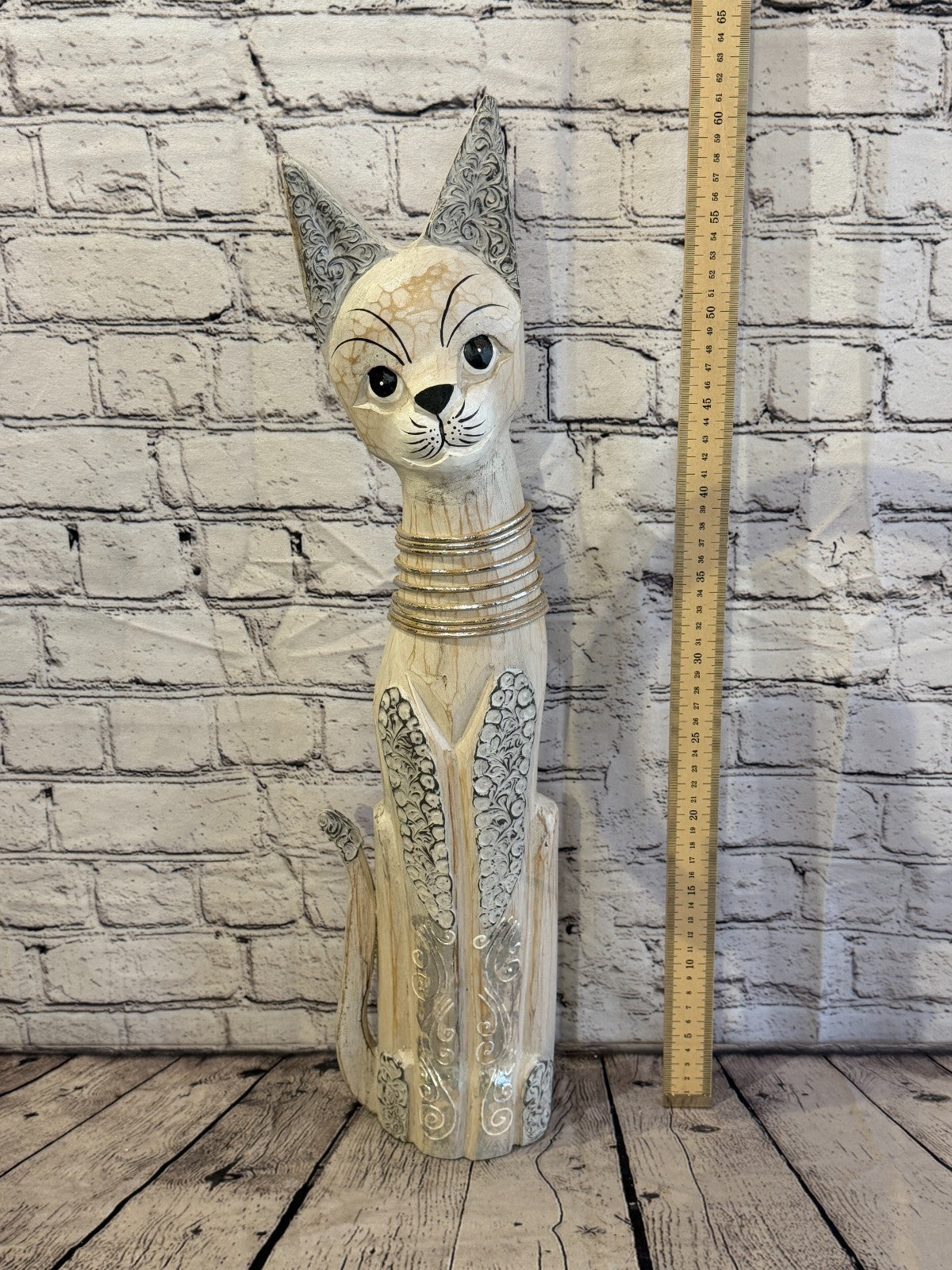 60cm White Silver Dots Wooden Shabby Cat Statue Ornament Fair Trade Handcarved5