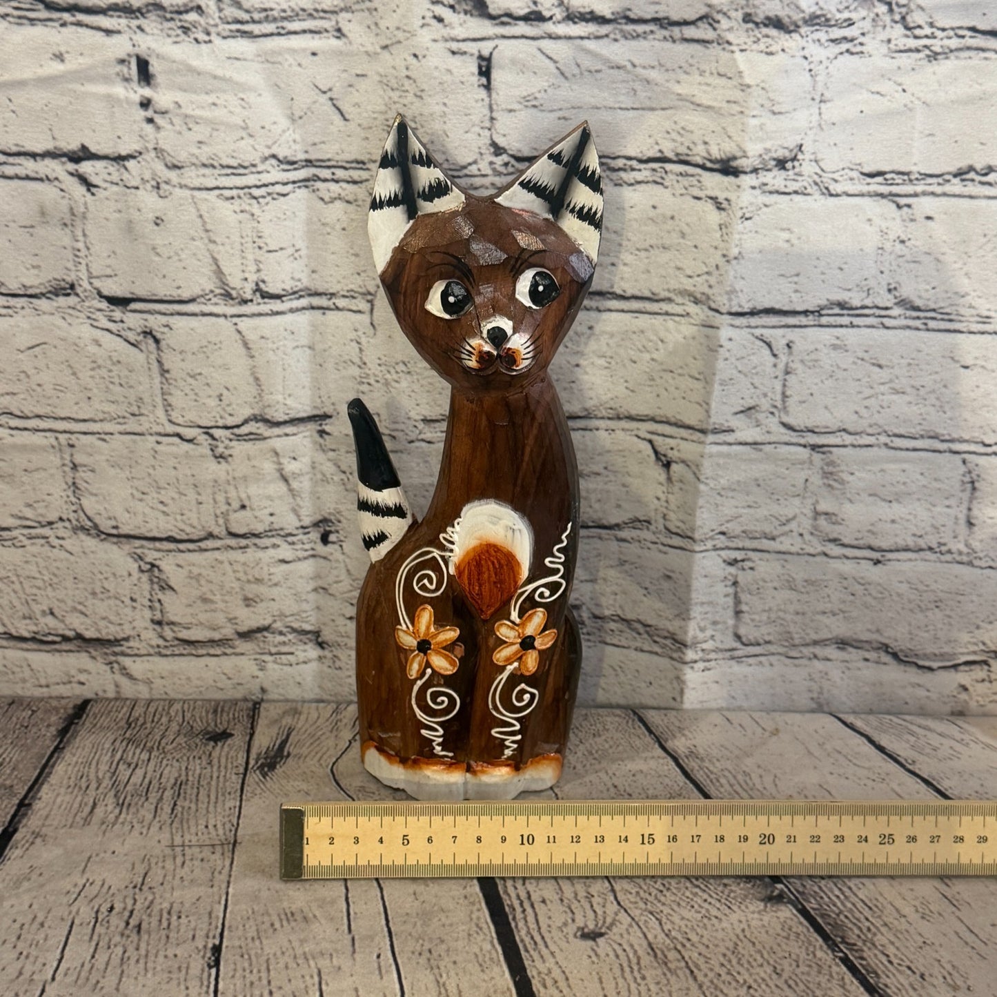 30cm Brown Flower Wooden Shabby Cat Statue Ornament Fair Trade Handcarved6