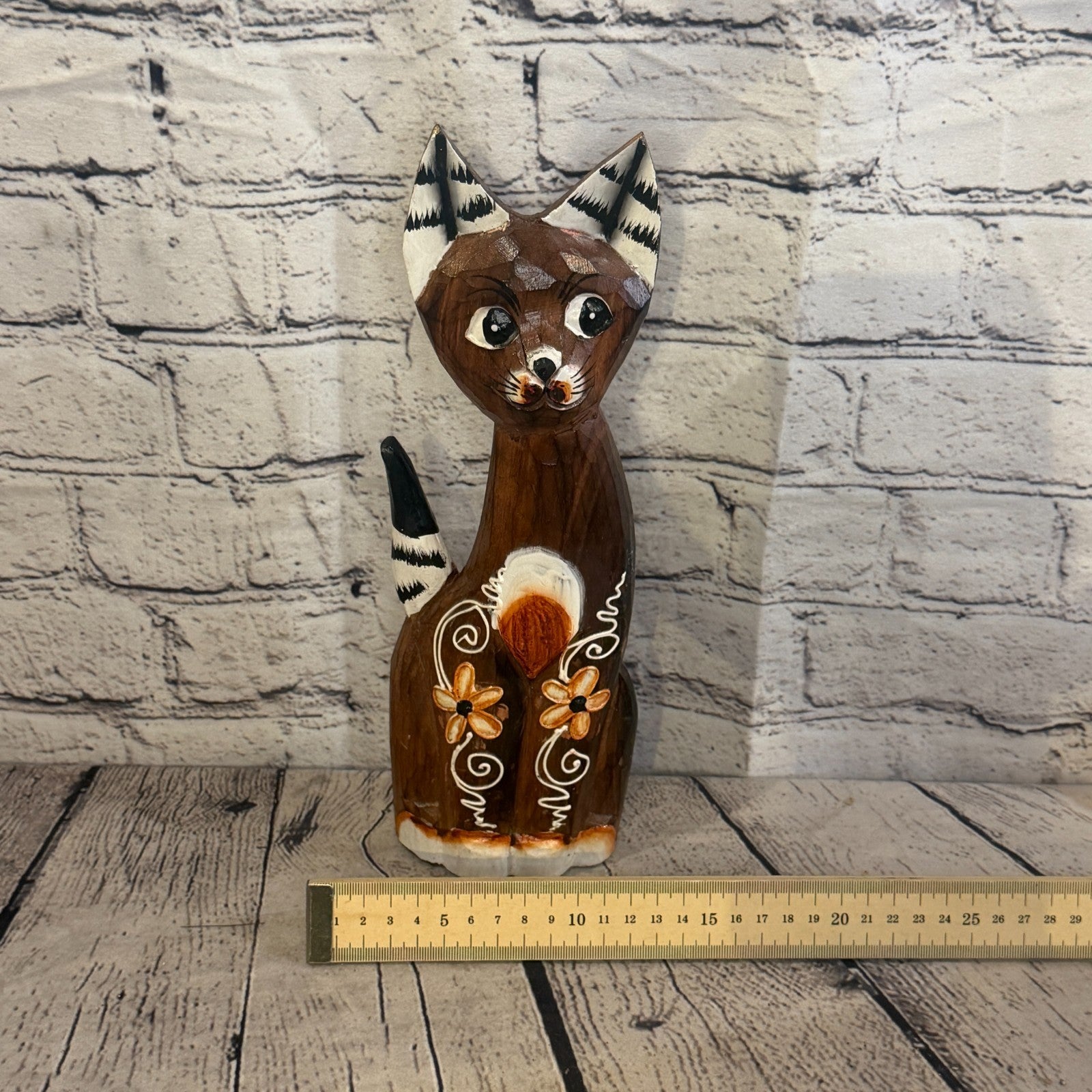 30cm Brown Flower Wooden Shabby Cat Statue Ornament Fair Trade Handcarved6