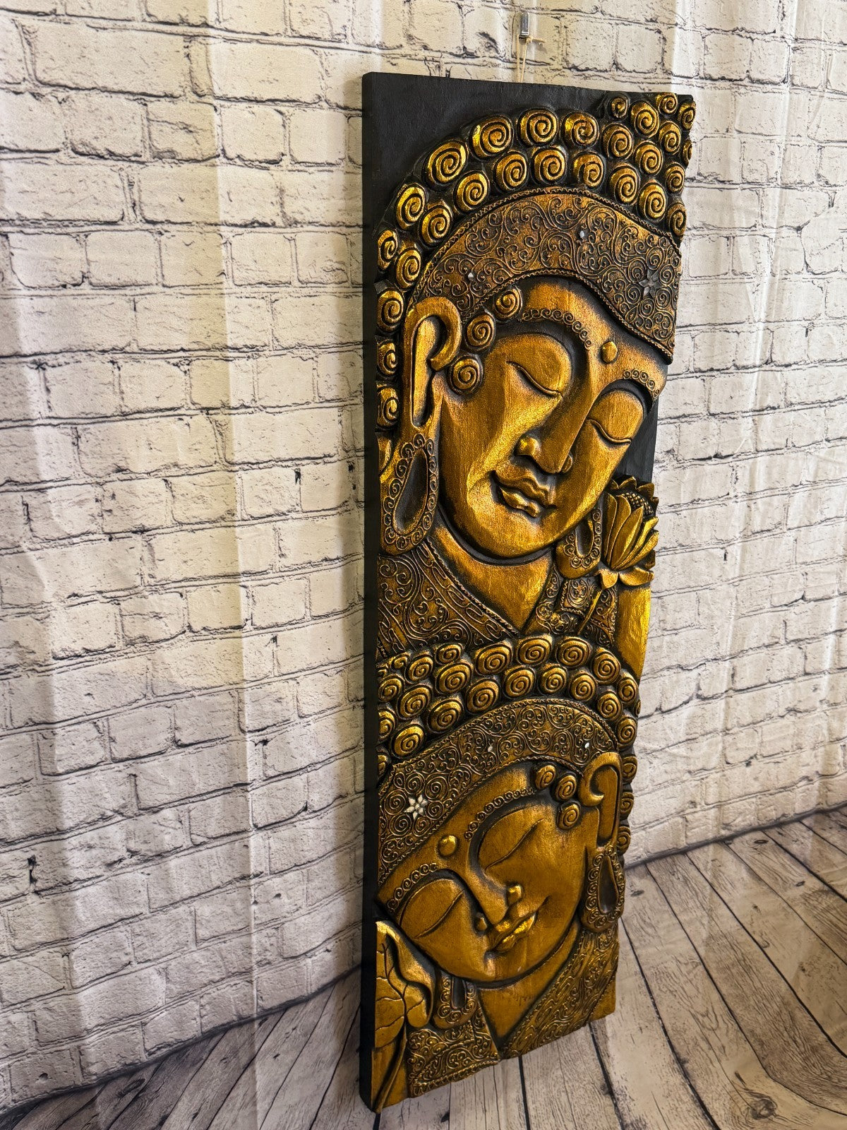 120cm x 40cm Gold Black 2 Buddha Wall Art Plaque Handcarved Wooden Wood Panel1