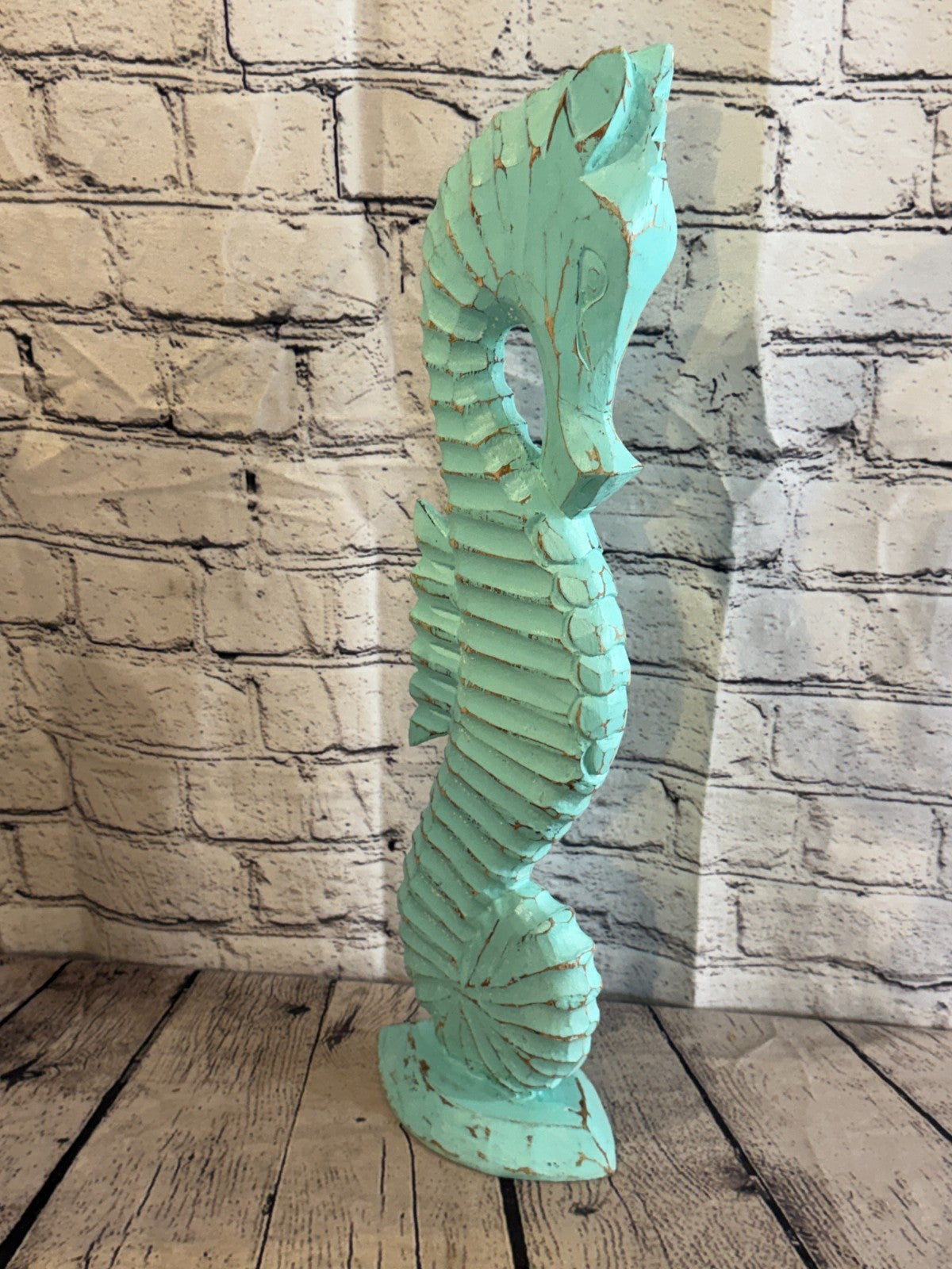 50cm Green Teal Wooden Shabby Seahorse Statue Ornament Fair Trade Handcarved2