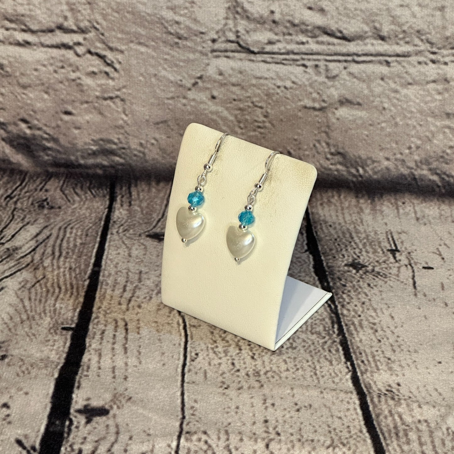 Blue Crystal And White Heart Shaped Dangle Drop Earrings Handmade UK Jewellery1