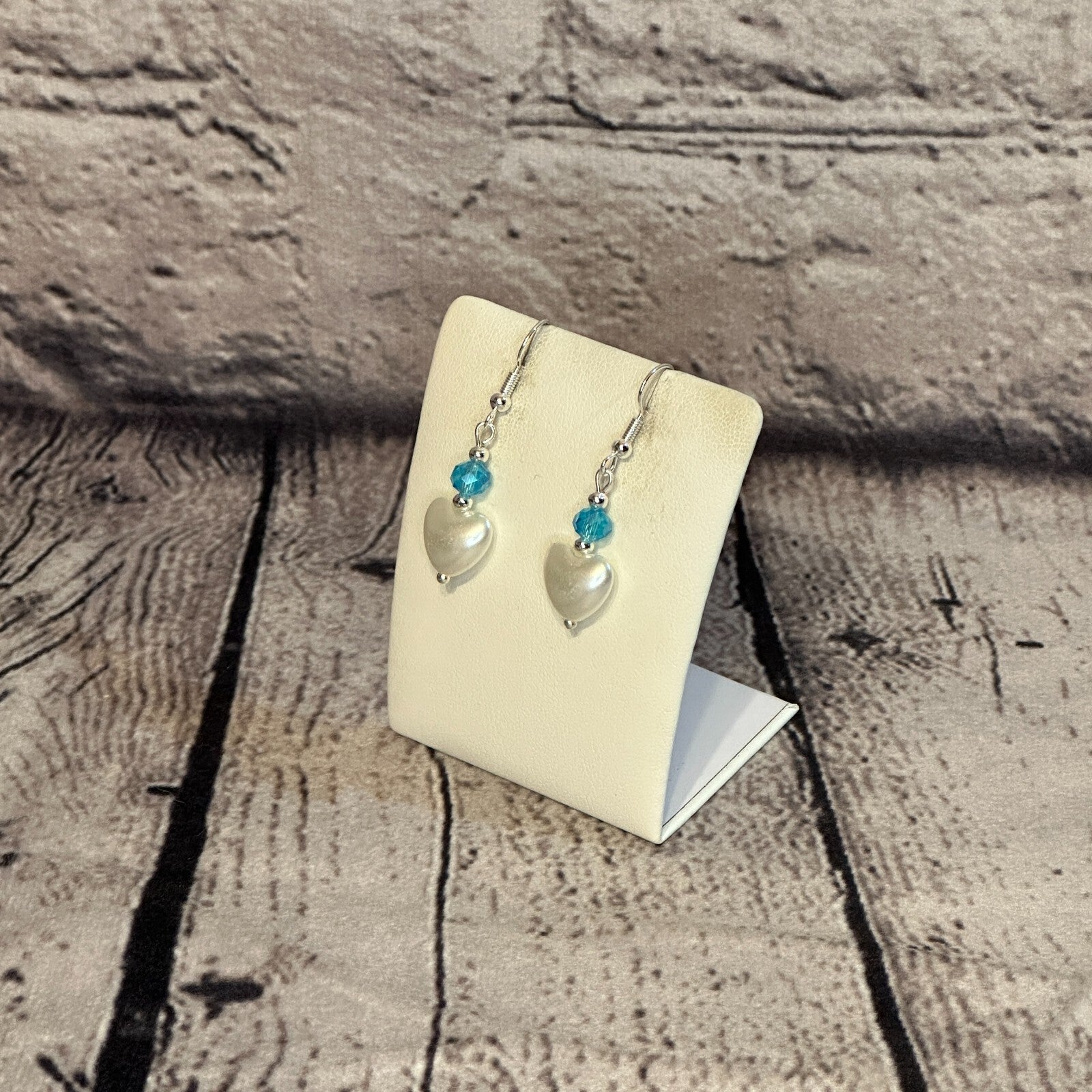 Blue Crystal And White Heart Shaped Dangle Drop Earrings Handmade UK Jewellery1