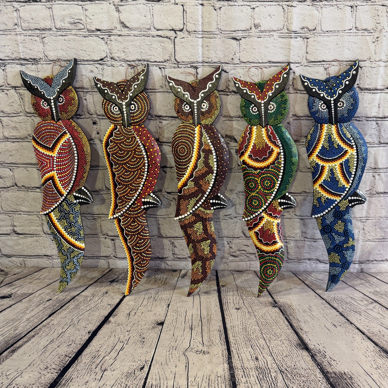 45cm Owl Bird Carved Wooden Dot Painted Ethnic Tribal Tiki Wall Art No 56