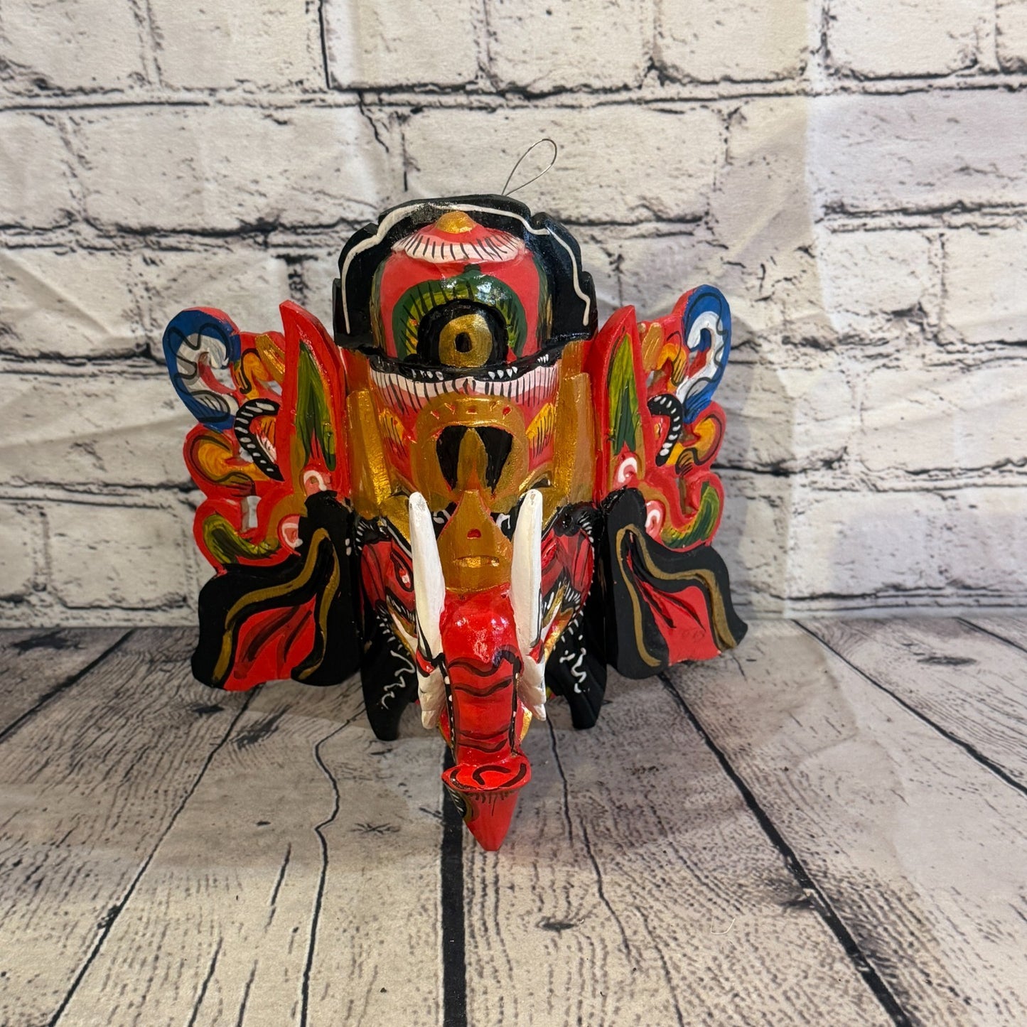 25cm Ganash Ganesha Red Elephant Hindu Deity Wooden Hand Carved Mask Painted3
