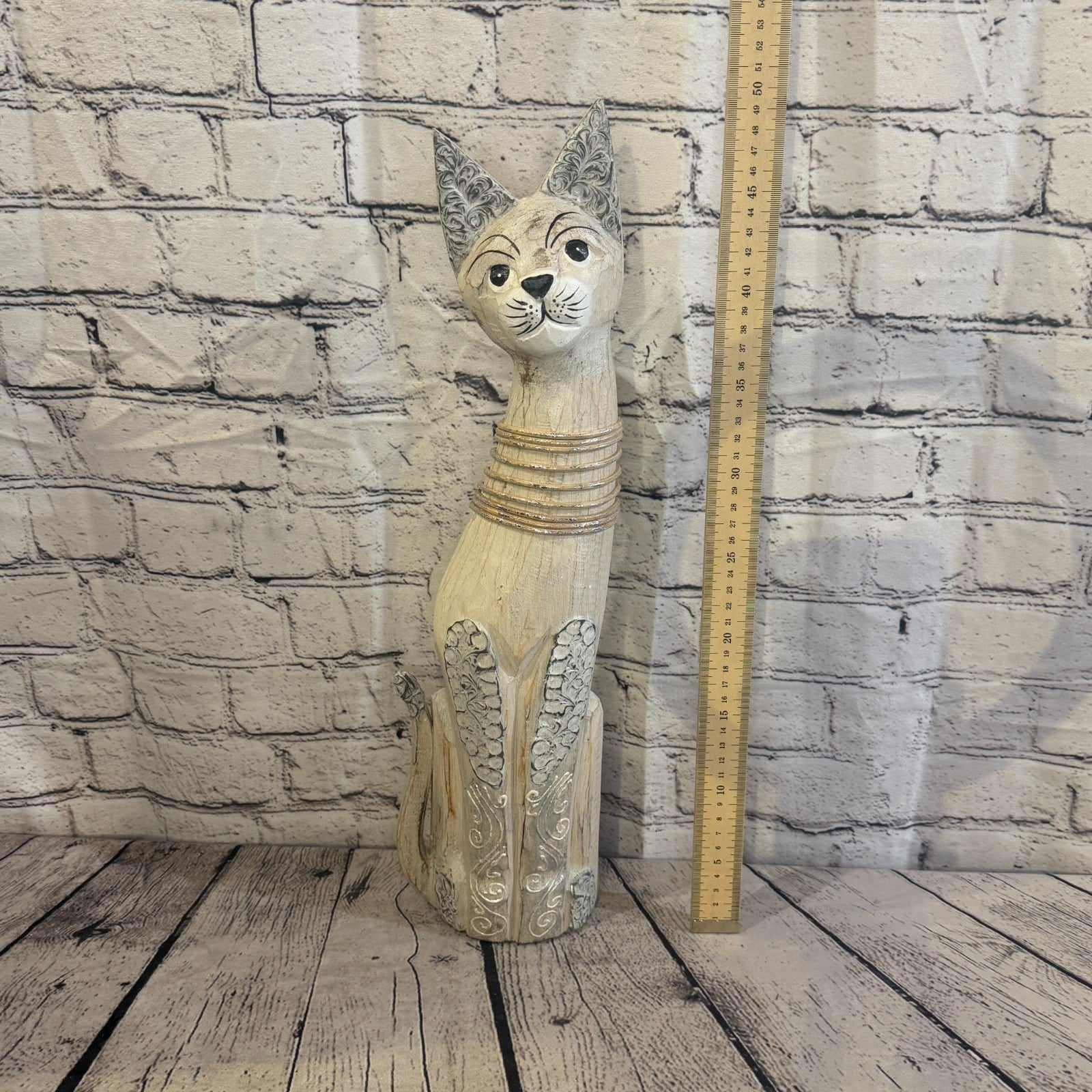 50cm White Silver Dots Wooden Shabby Cat Statue Ornament Fair Trade Handcarved5
