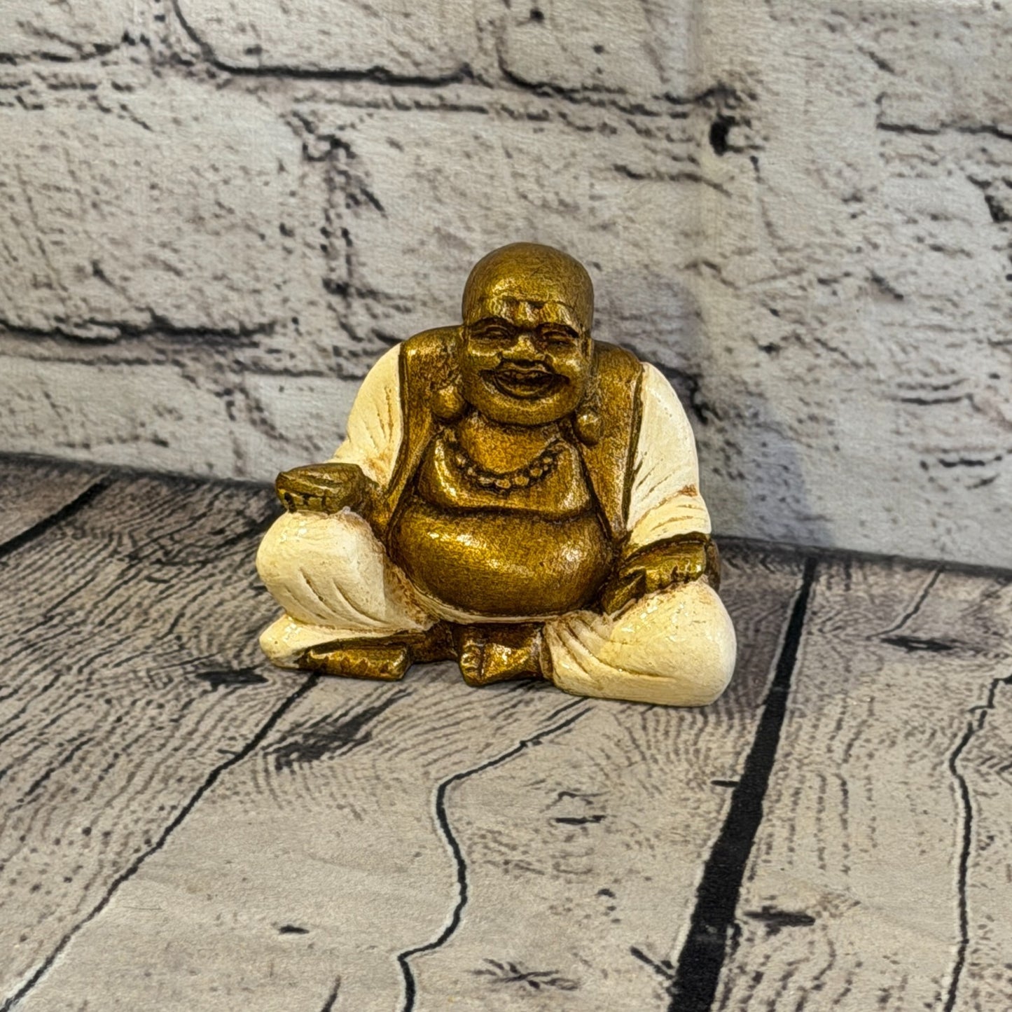 Cream & Bronze 10cm x 10cm Small Chinese Buddha Sitting On Lotus Statue Resin1