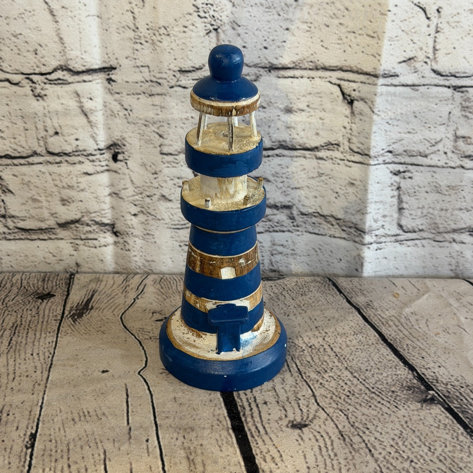 25cm Blue White Wooden Lighthouse Detailed Ornament Nautical Coastal Sculpture1